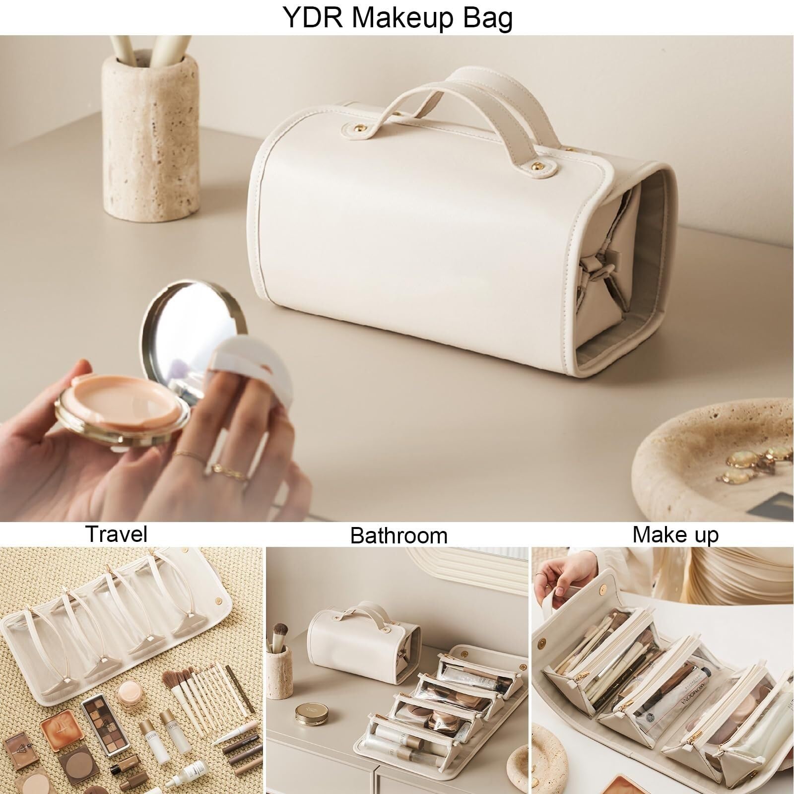 RUVOO Portátil para Viaje Bolsas Bolsa De Maquillaje De Viaje Bolsa De Almacenamiento De Cosméticos Portátil con Compartimentos Y Asa Organizador Maquillaje(White)