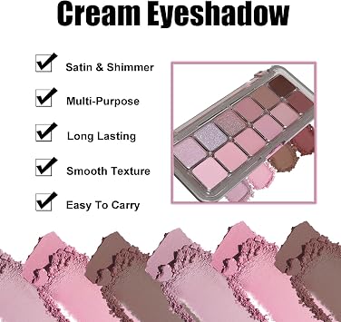 Professional 12-Colour Eyeshadow Palette, Pink and Nude Shades, Matte and Shimmer Finishes, Pink & Brown Smokey Eye Shadows Palette