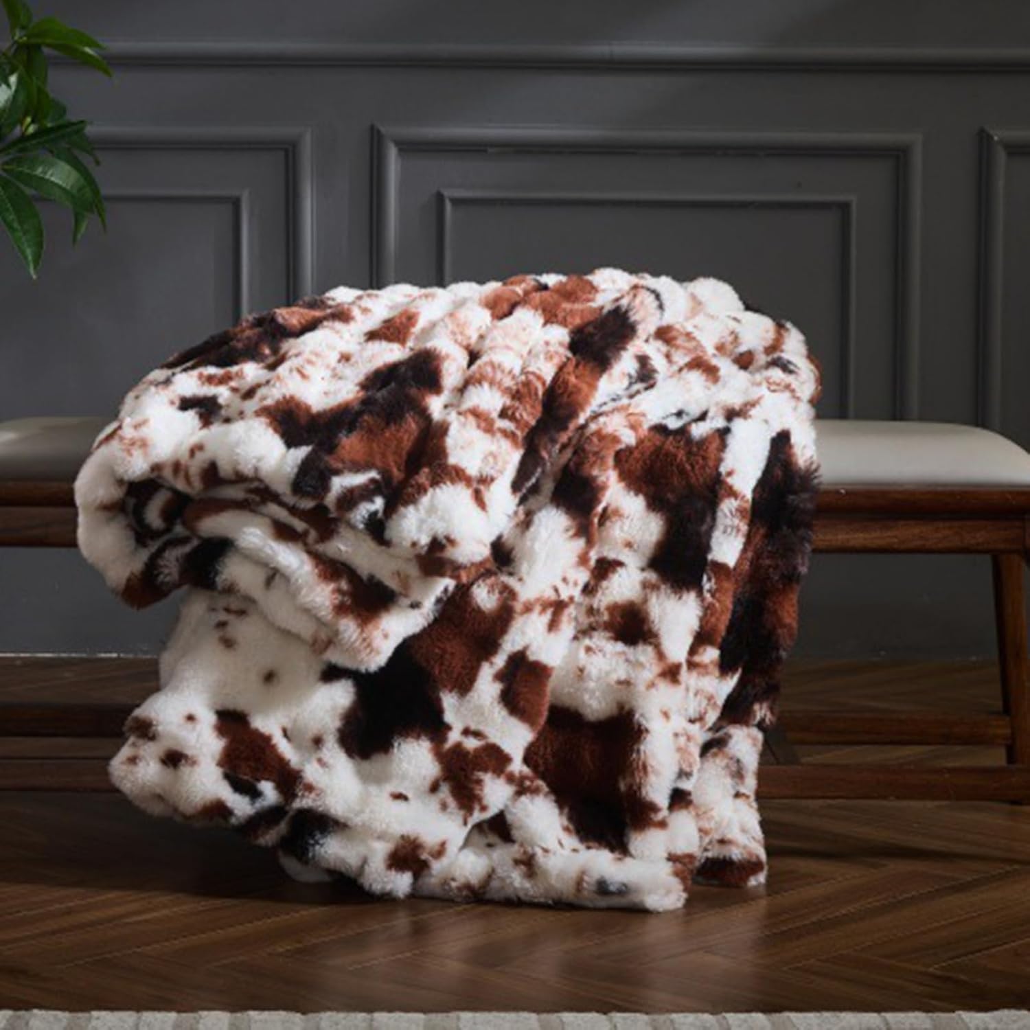 Cow Print Faux Fur Throw Blanket for Couch, Soft Fluffy Fuzzy Plush Bubble Blanket for Sofa Bedroom Living Room, Cozy Warm Reversible Luxury Winter Blanket,Coffee,50x60 Inch - Image 5
