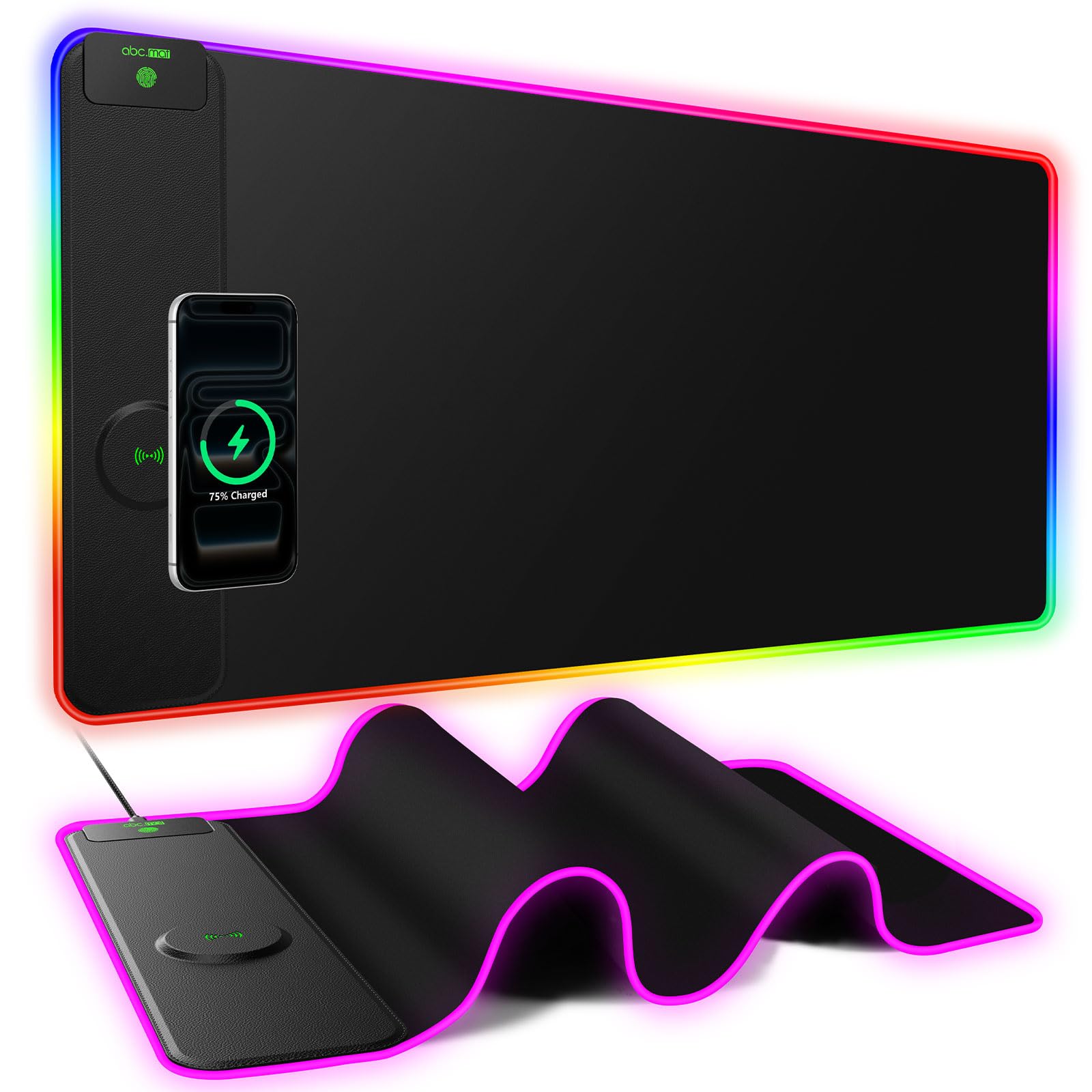 Tappetino per mouse RGB con ricarica wireless magnetica, 80 x 40 cm, grande tappetino da scrivania a LED, 24 effetti di luce, base in gomma antiscivolo, superficie ultra liscia impermeabile