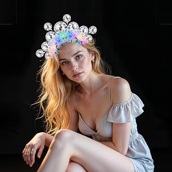 Light Up Disco Ball Headband Silver 70s Women Halloween Christmas New Year