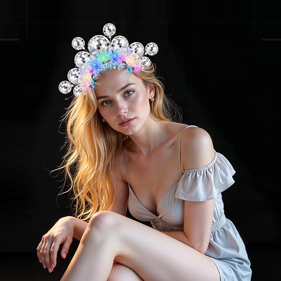 Light Up Disco Ball Headband Silver 70s Women Halloween Christmas New Year