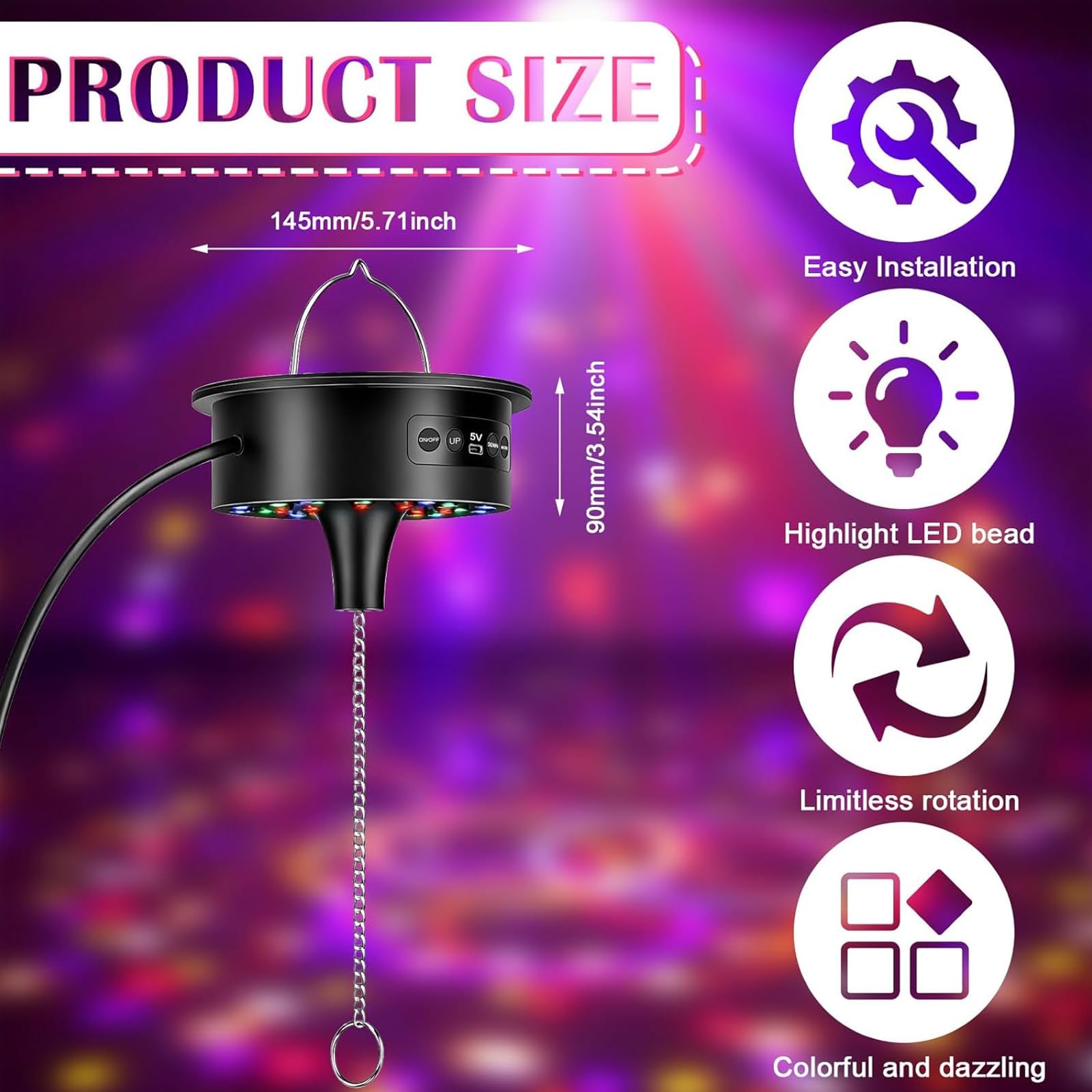 Sfera da discoteca, motore a 30 LED RGB con telecomando, velocità di rotazione regolabile 0-15 giri/min, motore rotativo a LED, motore rotante, sfera a specchio, motore silenzioso per sfere di specchi