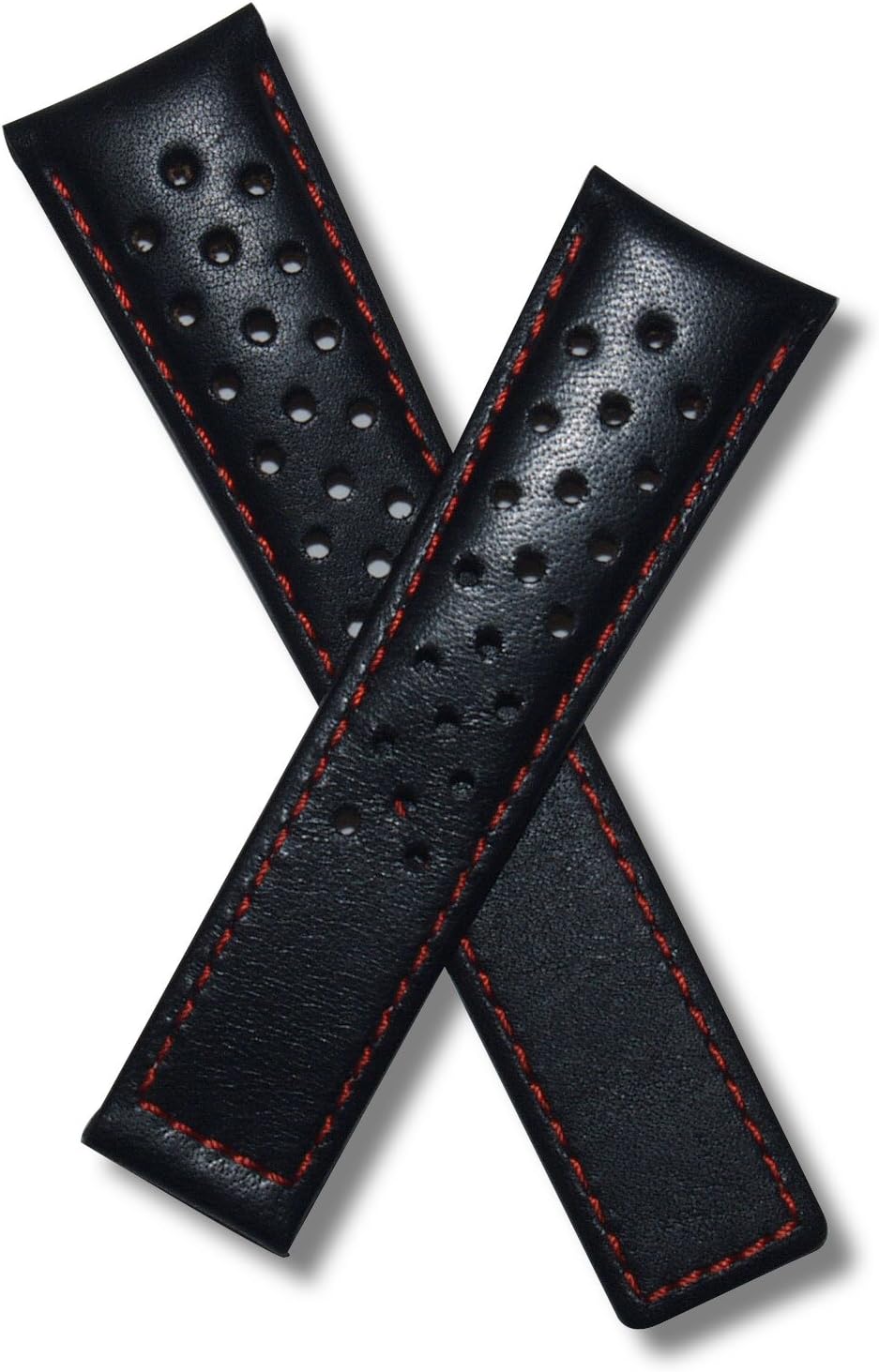 22mm Black Sports Perforated Genuine Leather Watchband with Red Stitching to fit TAG Heuer Monaco, Silverstone & Targa Florio (Spring Bars Included)