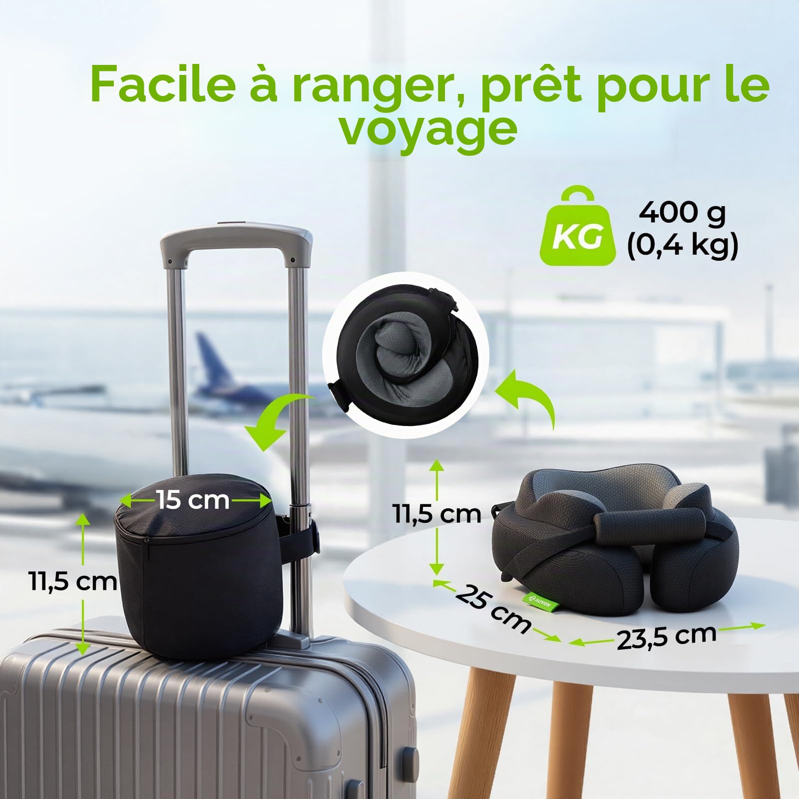 AUVON Coussin de Voyage avec Support Menton pour Confort de Sommeil Optimal | Soutien 360° nuque détente, oreiller voyage mousse mémoire sans pression oreilles, sac de transport, housse aérée et lavable