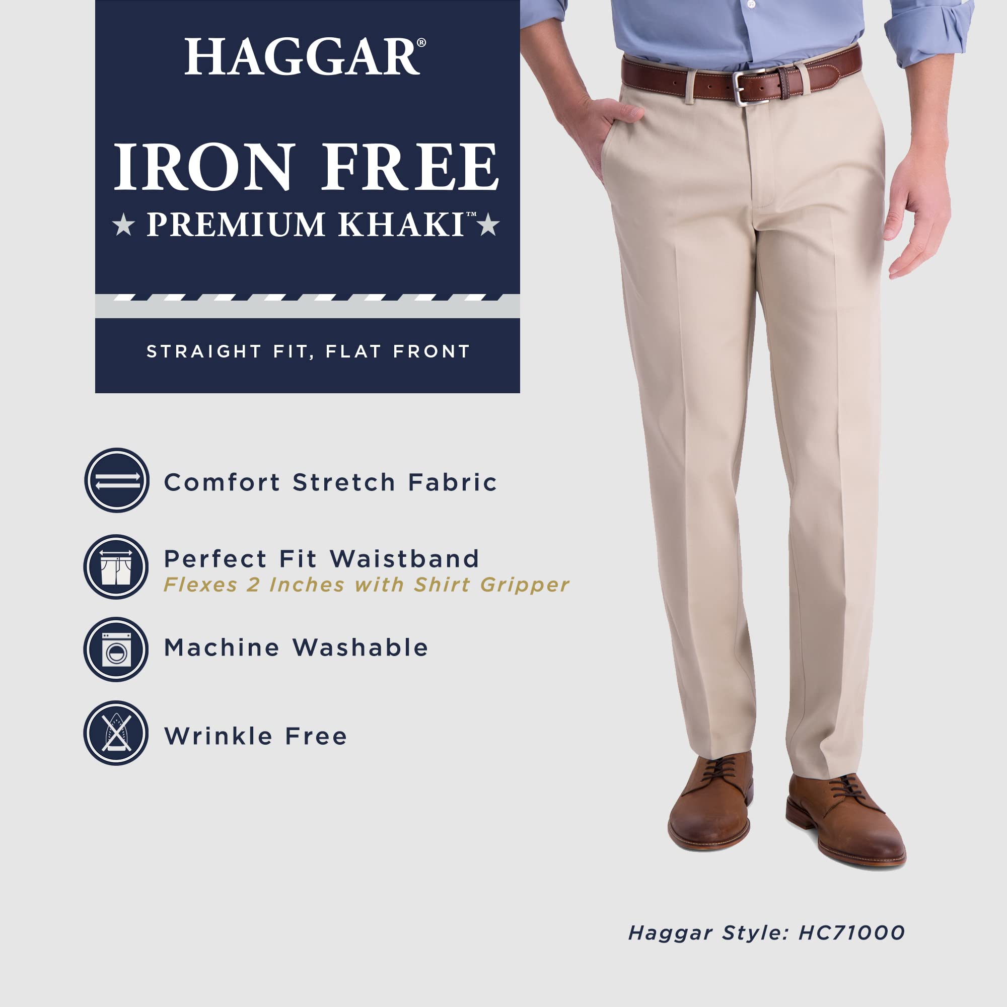 Haggar Khaki Straight Fit Flat Front Flex Waistband Casual Pant - Nieformalne spodnie Mężczyźni