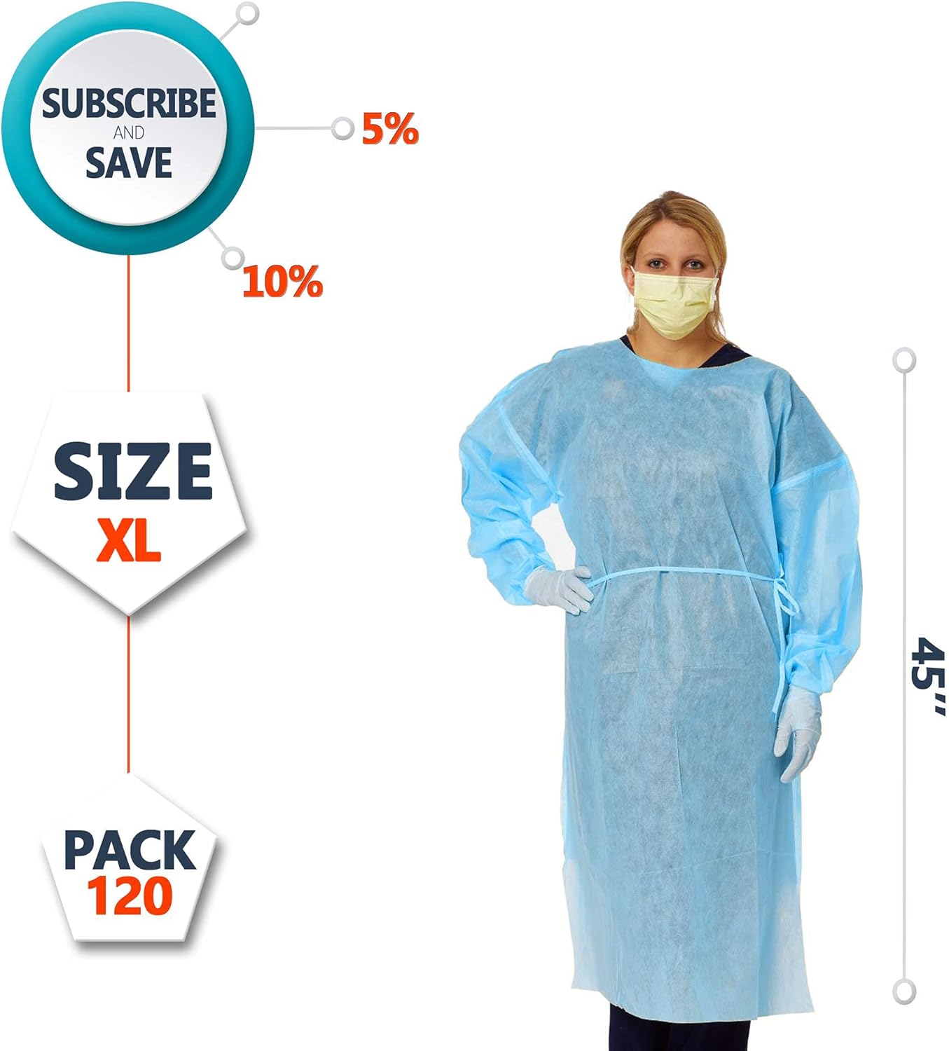 EZGOODZ Disposable Isolation Gowns X-Large, 45" Long, Pack of 120 Blue Hospital Disposable Gowns with Sleeves, Ties, Wrists, PPE 30 gsm Disposable Isolation Gown, Unisex Protective Gown Disposable