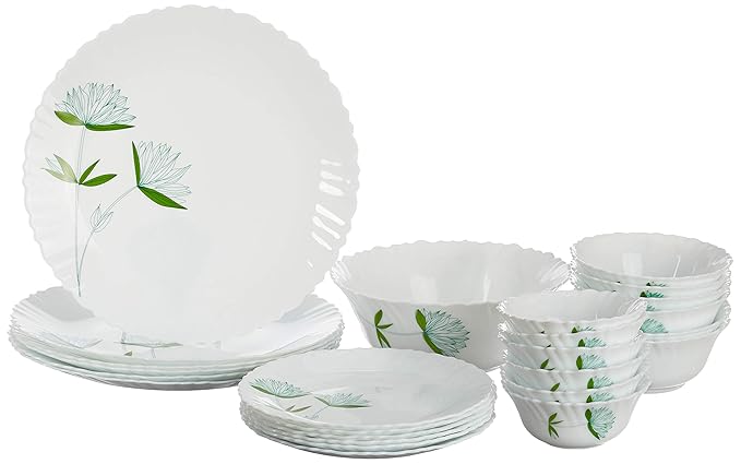 Borosil Opalware Fluted Lily Dinner Set (Green, White) -25 Pieces