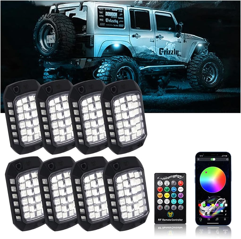 Car RGB Rock Lights, 8 Pods 36 LEDs High Brights Multicolor Underglow Neon Lighting Kit with APP Control, Automotive Exterior Wheel Well Glow Kit, Universal for SUV RV Truck
