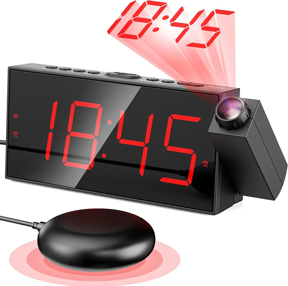 Mesqool Despertador de projeção, despertador alto com vibração para pessoas com sono pesado, brilho de projeção ajustável, deficientes auditivos e surdos, despertador digital com entrada de