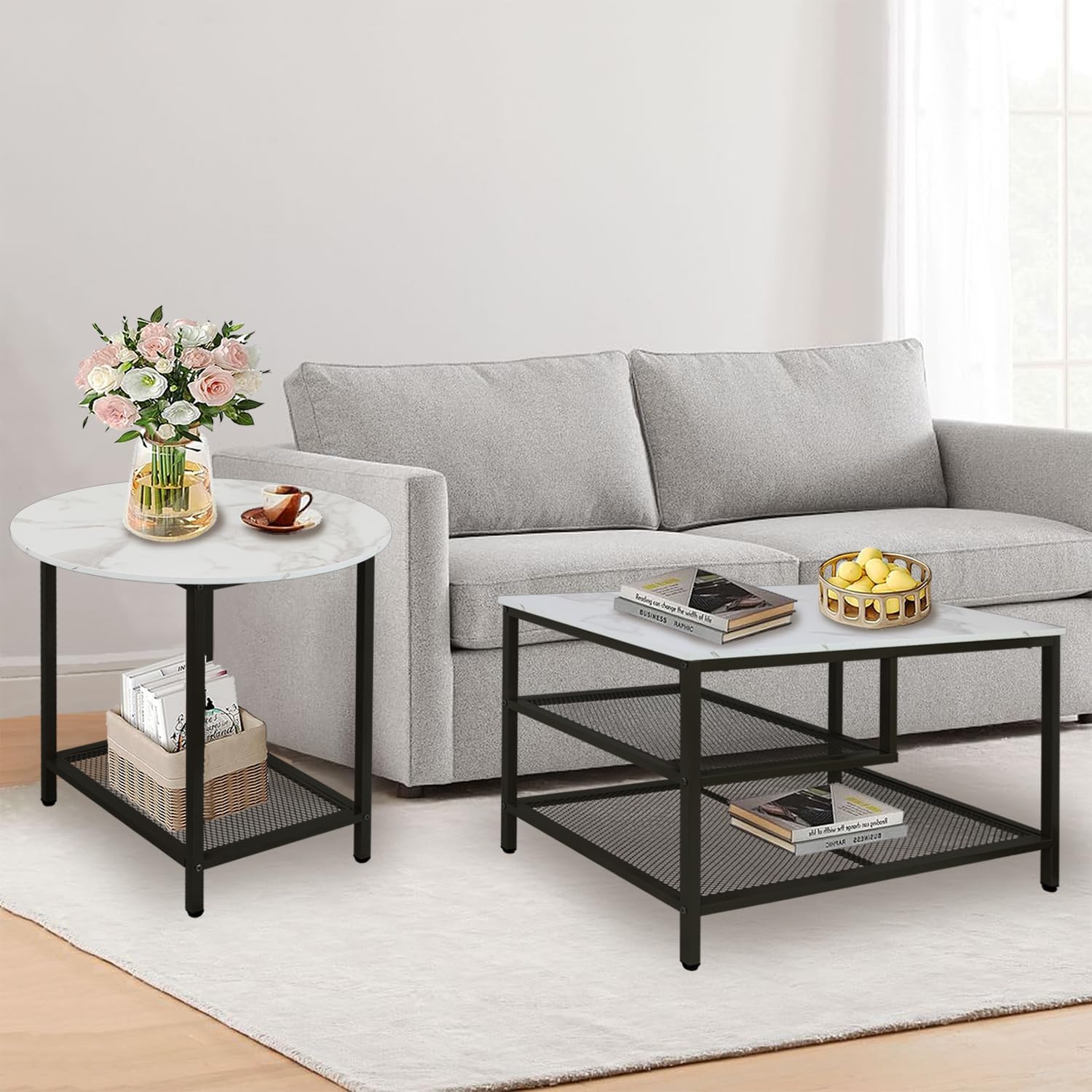 AT-VALY Nesting Table Set of 2, Modern Round End Table & Rectangular Coffee Tables for Living Room Apartment (Black)