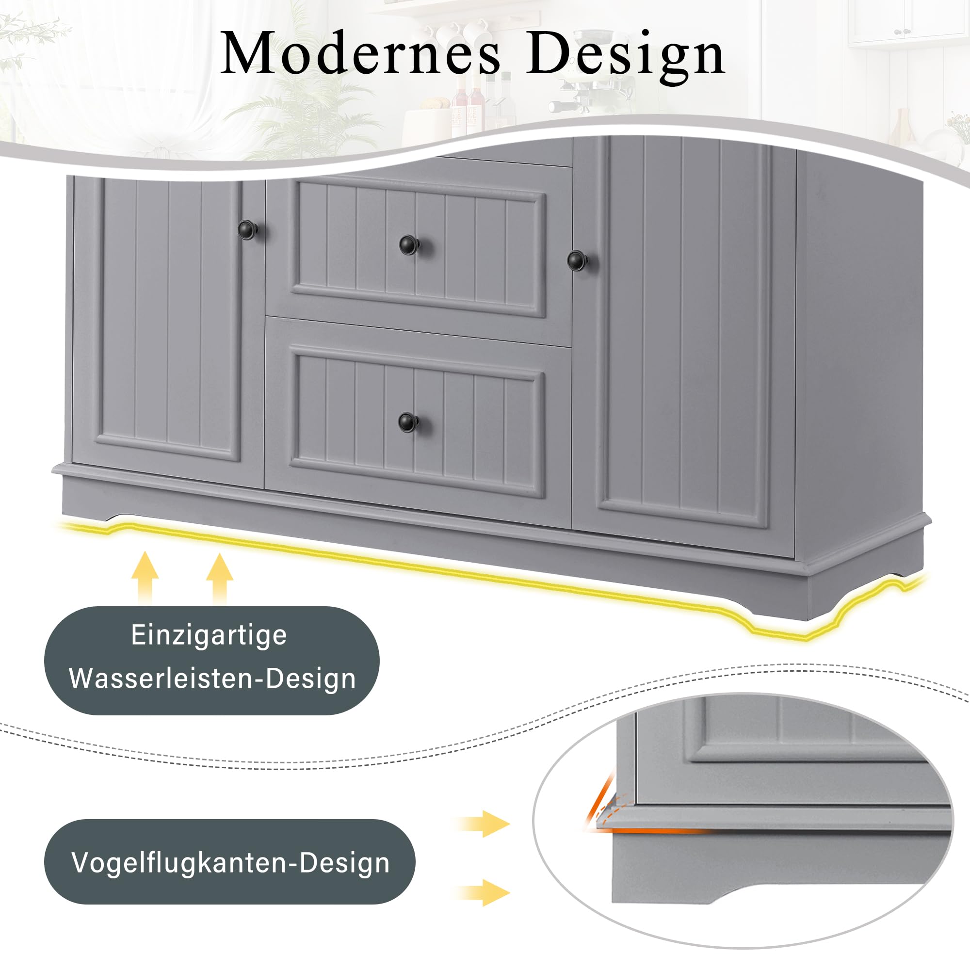 Aparador buffet con 3 cajones y puertas de frigorífico, versátil para salón, comedor y vestíbulo, color gris