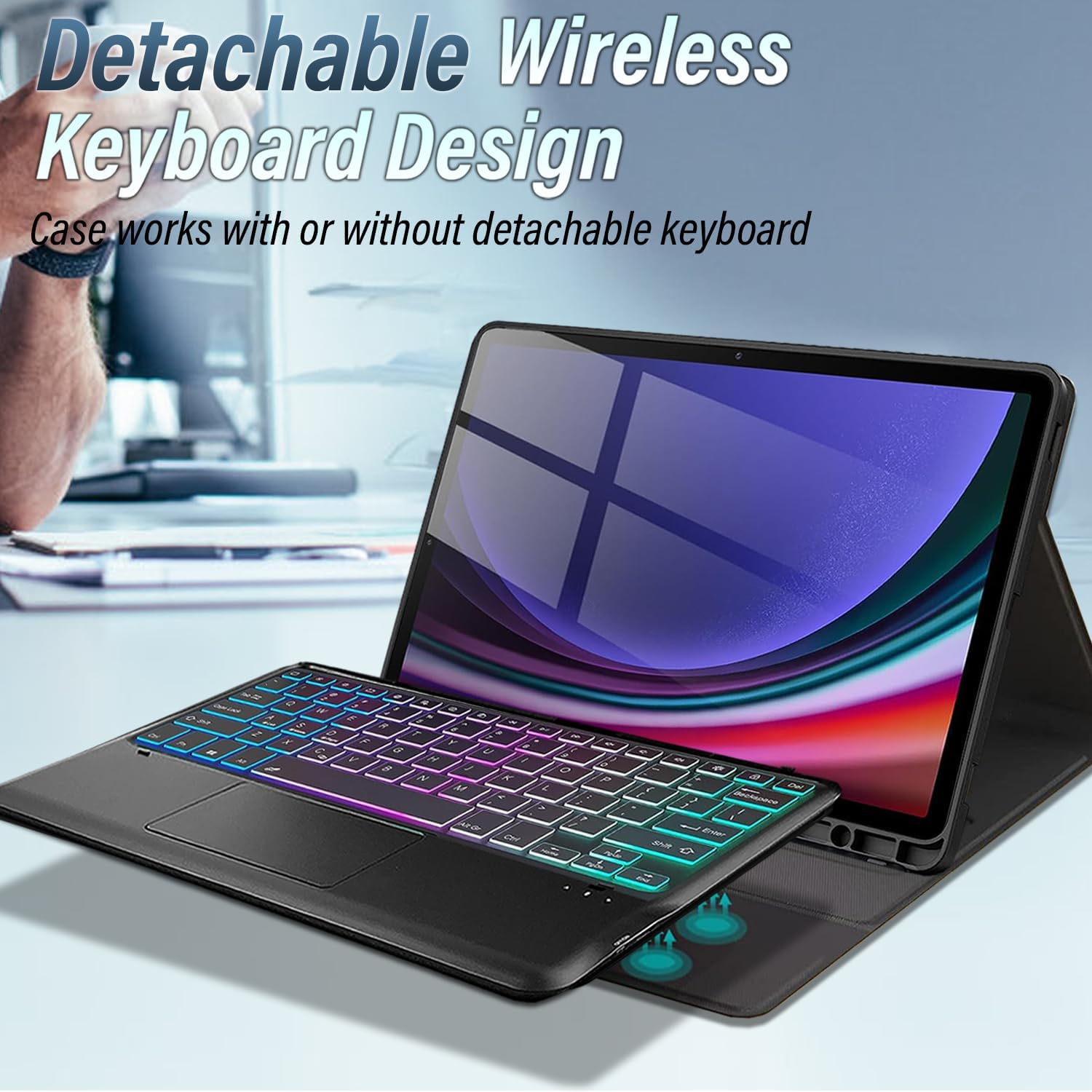 Touchpad Keyboard Case for Samsung Galaxy S10 Plus Case 2024/ S9 Plus/ S9 FE Plus 5G 12.4 Inch 2023, 3-Zone Backlight Detachable Wireless Keyboard & Premium PU Case for 12.4” S10+/S9+/S9 FE+