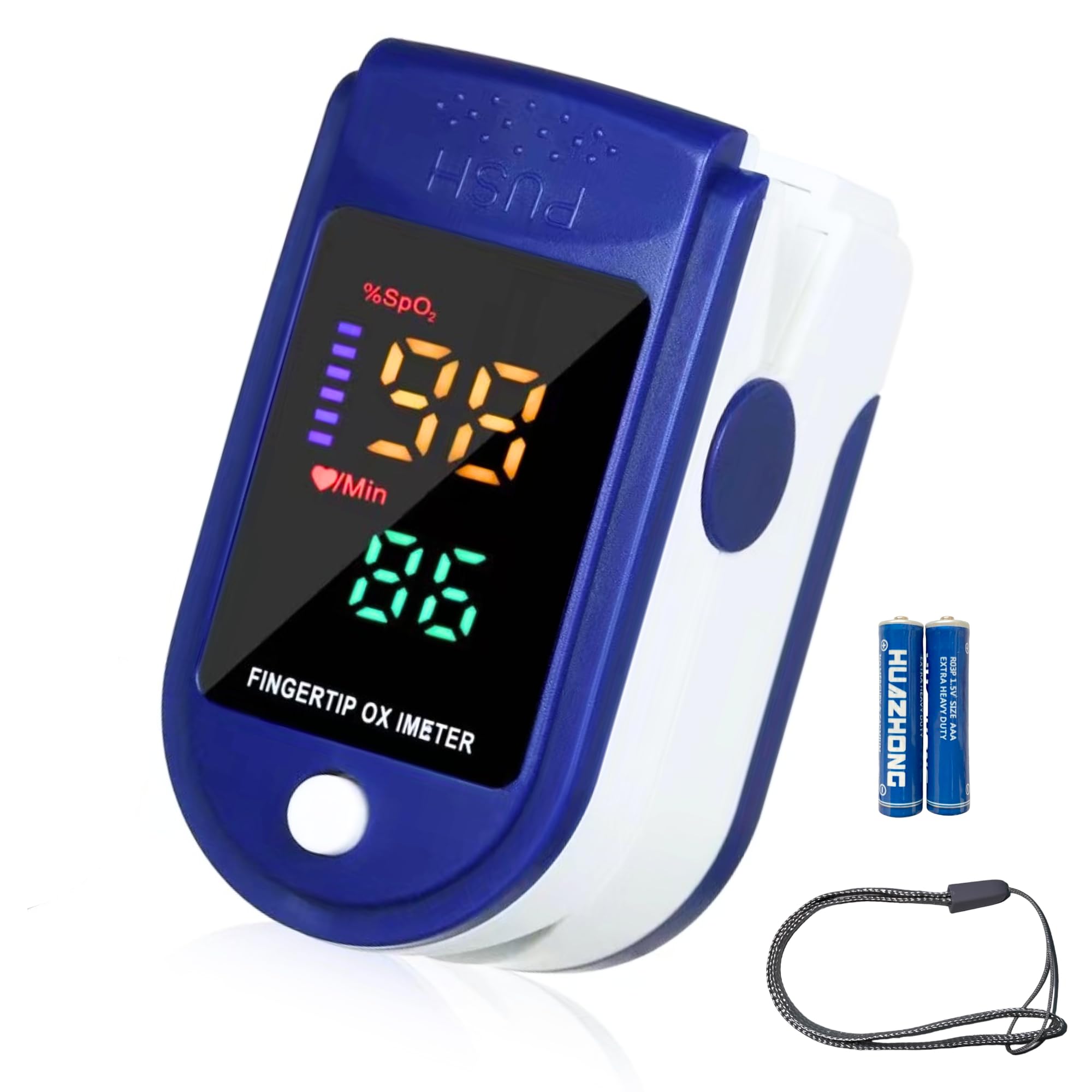 Pulsioxímetro de Dedo Profesional, Medidor de Oxígeno en Sangre (SpO2) y Frecuencia Cardíaca (Pulso), Oxímetro Digital con Pantalla LED, Lectura Instantánea y de Alta Precisión, con Pilas y Correa