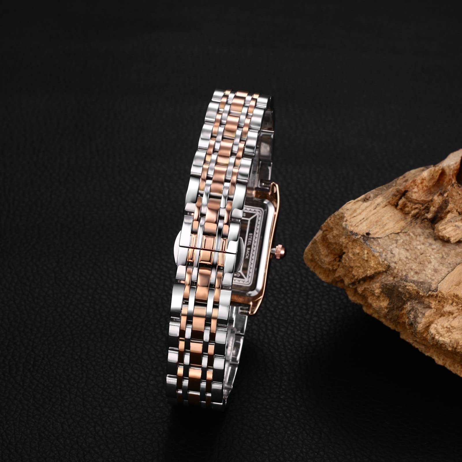 OIDEA Rechteckige Analoguhr für Damen: Quarzuhr mit Strasssteinen für Damen, Armband aus Edelstahl, abnehmbar, für Freizeit, Business, Geschenk