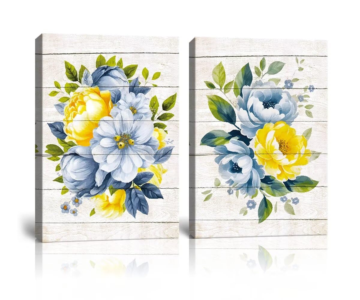 HJL Art Vintage Flower Wall Art Canvas Blue Yellow Floral Prints Wall Art Colorful Flowers Canvas Picture Botanical Flower Posters Framed for Living