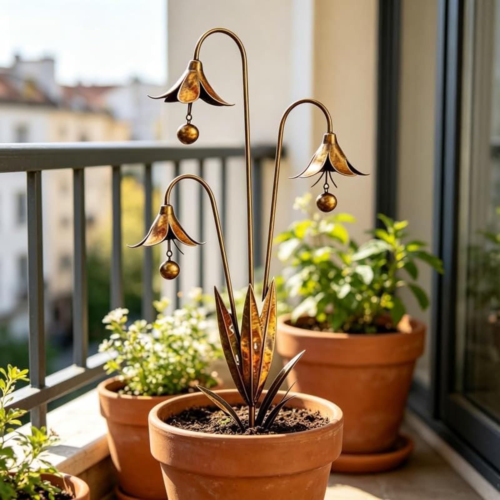 Gartenstecker aus geflammtem Kupfer mit DREI Calla-lilien und glöckchen, regenfänger, pflanzenskulptur aus Metall-Blume, rustikale Windspiel für Rasen, terrasse und Garten (B*2)