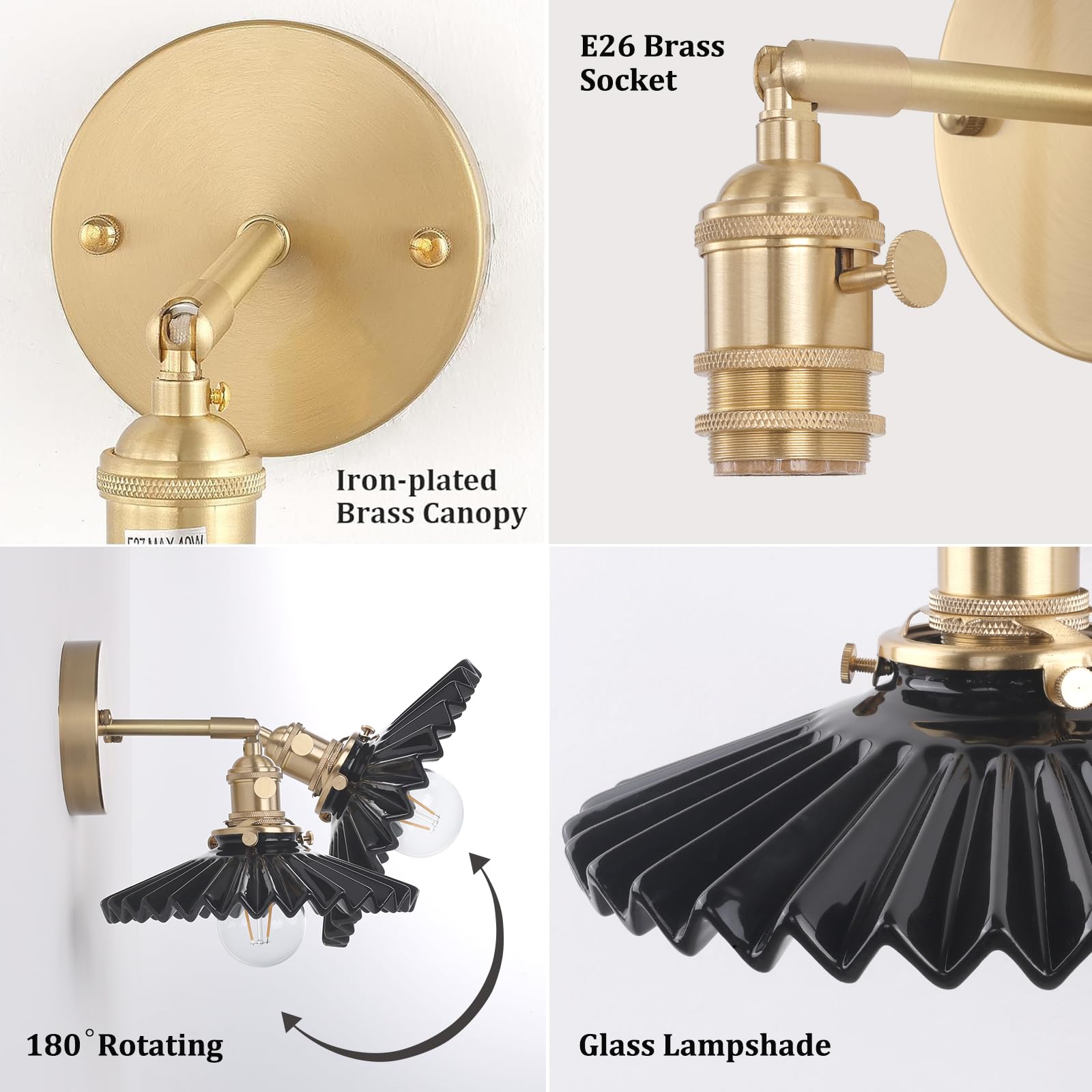 Shenmoyl Vintage Wall Sconce with Black Pleated Ceramic Lampshade