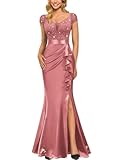 Women&apos;s Vintage V-Neck Slim Style Ruffle Split Evening Formal Maxi Dress &lpar;Medium&comma; Cinnamon Pink&rpar;