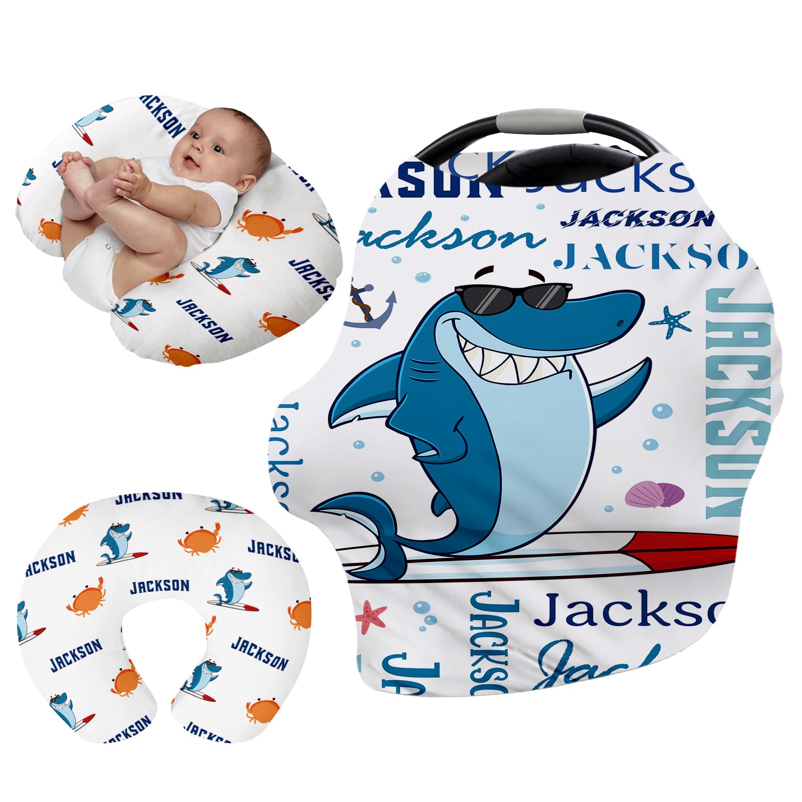 Custom Car Seat Covers for Babies - Breathable Baby Car Seat Cover for Girls Boys, Kick-Proof Newborn Carrier Canopy Stretchy Stroller Cover for 4 Seasons Blue Shark Print(27"x29")
