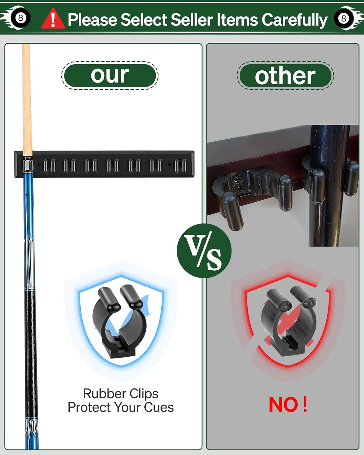 Pool Cue Holder for 8 Cues and Billiard Balls Rack Bundle