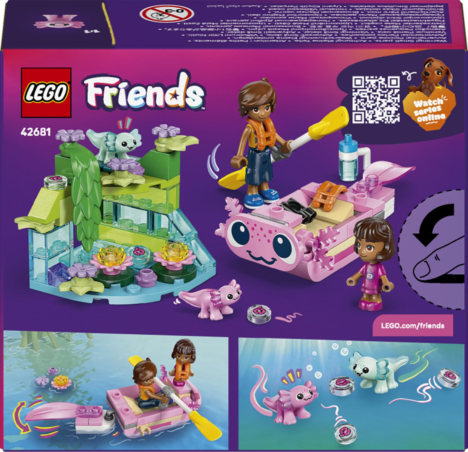 LEGO Friends Aventuras en el Barco-Ajolote de Juguete - 2 Mini Muñecos, 2 Figuras de Animales Adorables, Plantas, Flores y Accesorios - Regalo de Cumpleaños para Niñas de 5+ Años - 42681