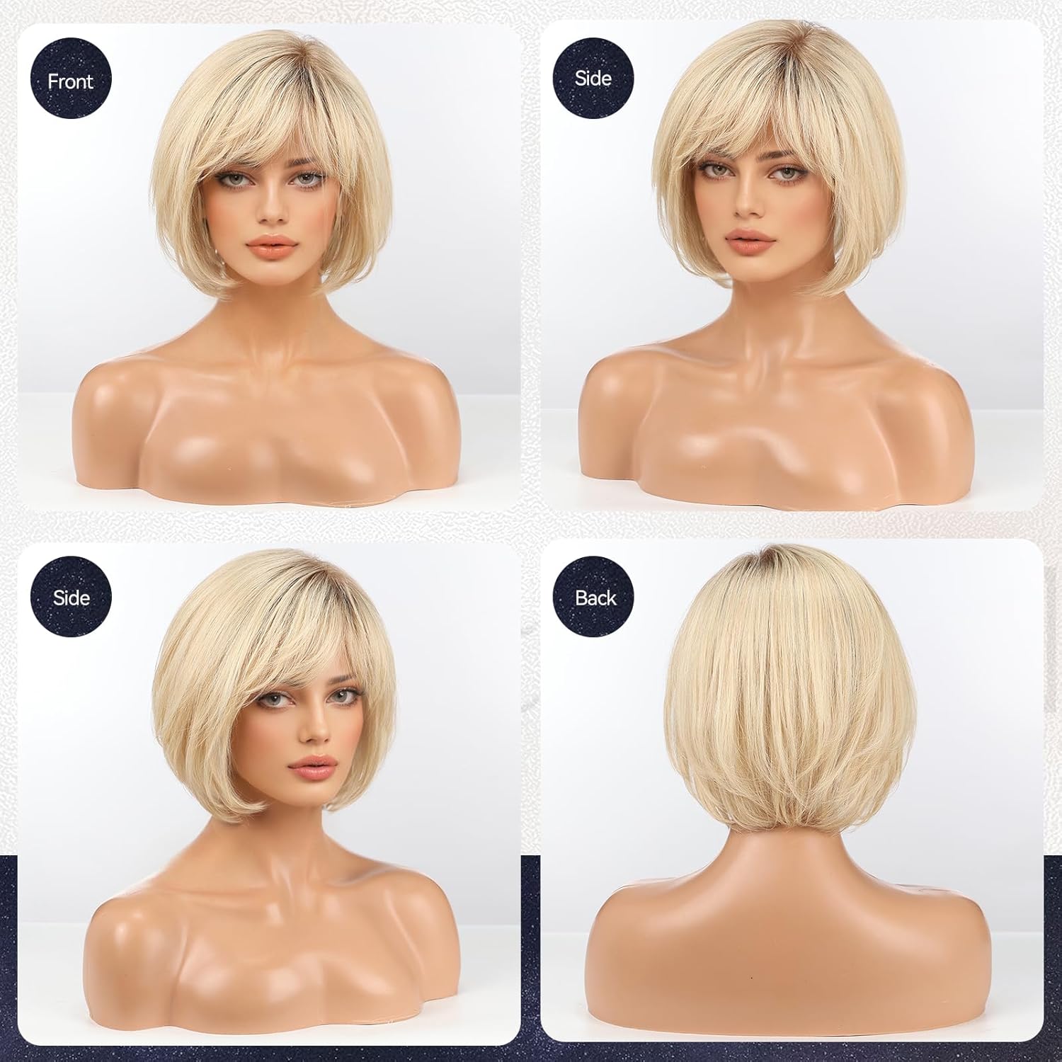starluck Hair Topper for Women Real Human Hair, 6.5x6.5 inch Base ombre Light Blonde Short Bob with Bangs Side Part SilkHug Human Hair Topper for Women with ThinngHair Cover Gray Roots-10 Inch