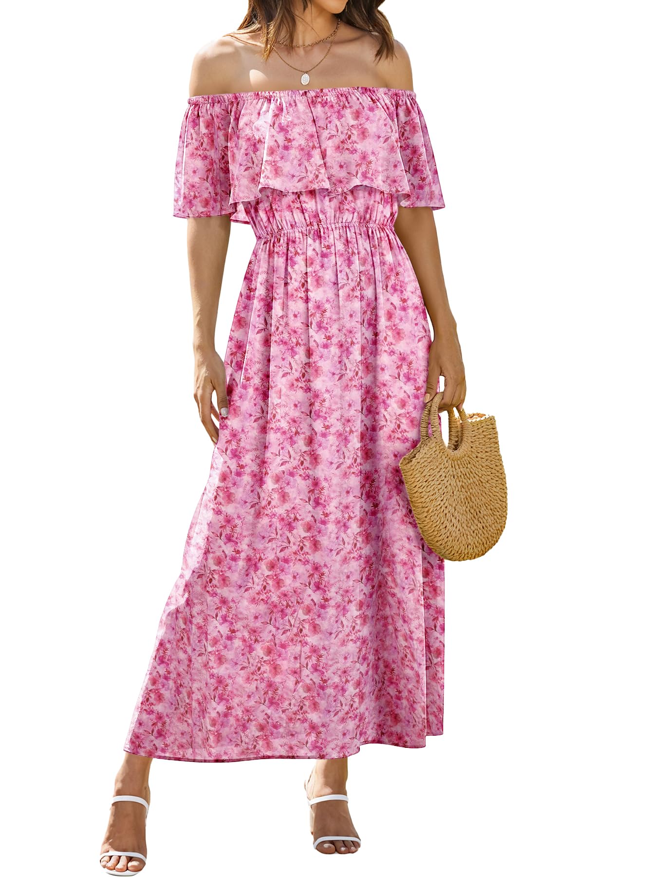 Bluetime Womens Maxi Dress Off Shoulder Floral Print Boho Beach Long Summer Dresses