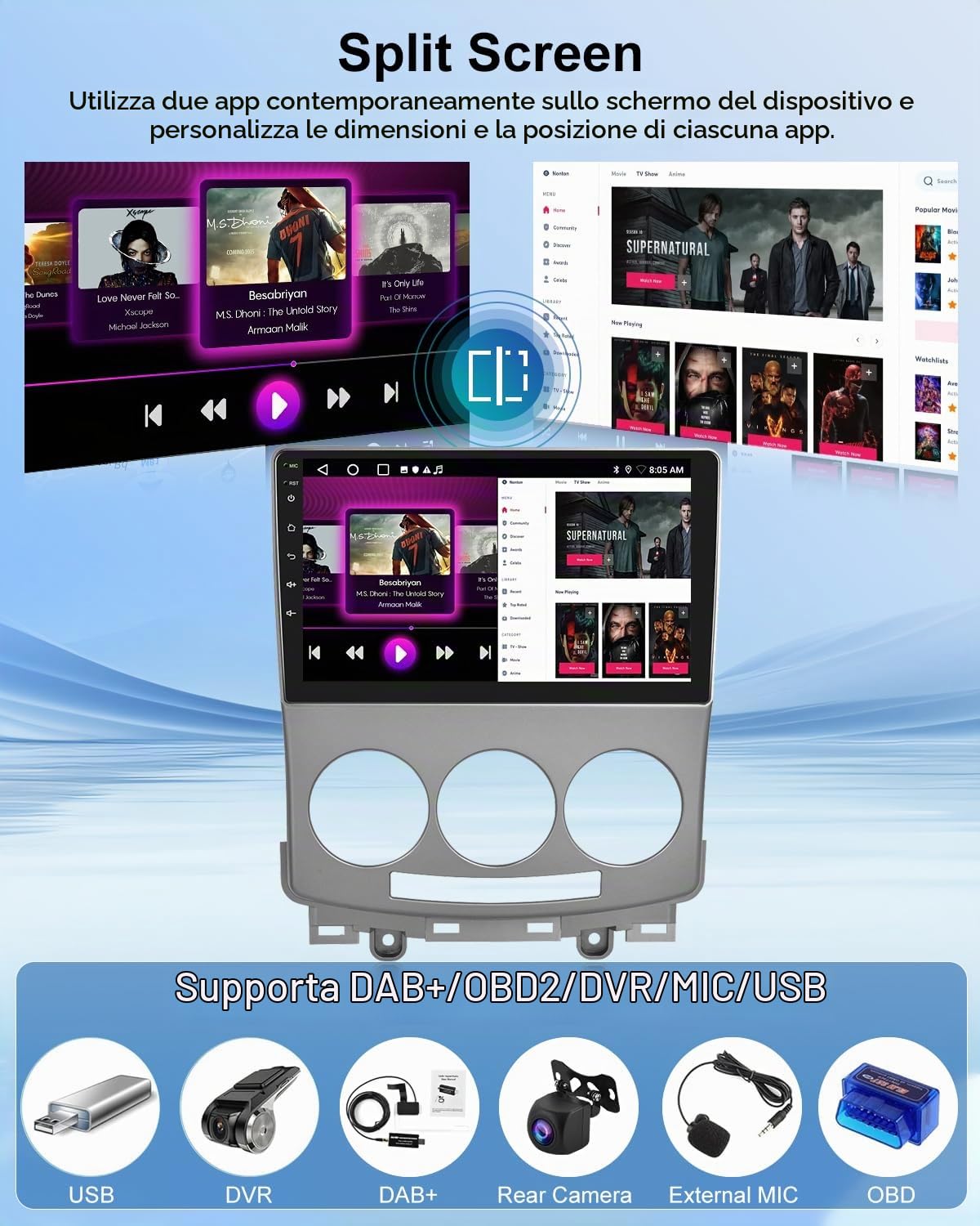 Autoradio 2+64G per Mazda 5 2005-2010 - Carplay senza fili e Android Auto - Stereo Android 13 da 9 pollici con WiFi EQ GPS Mirror Link FM RDS + Telecamera posteriore AHD e microfono