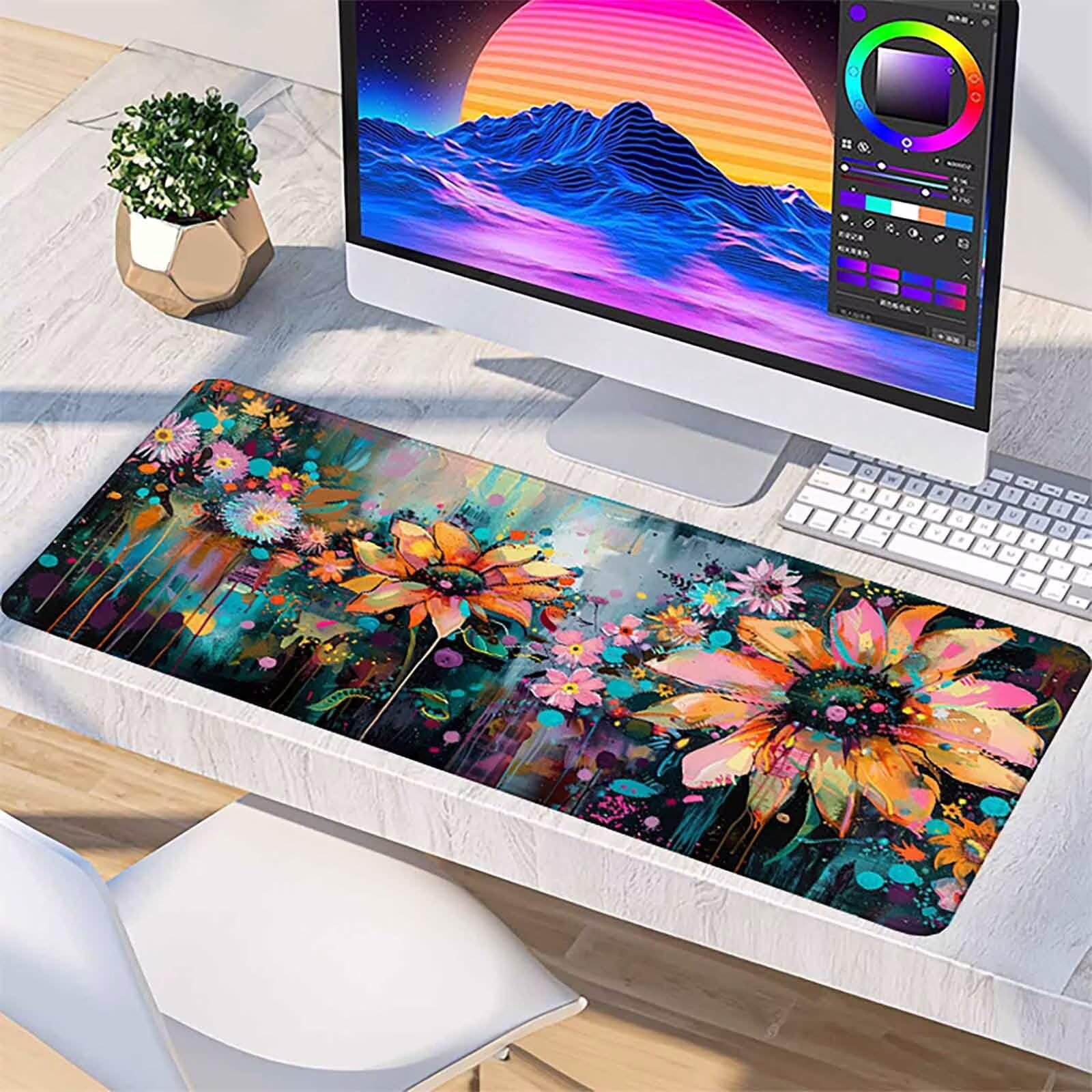 Podkładka pod mysz z kwiatami XXL podkładka pod mysz do gier 1200 x 600 mm, wodoodporna podkładka pod mysz w kolorze myszy z antypoślizgową gumową podstawą i przeszytymi krawędziami do gier, domu i