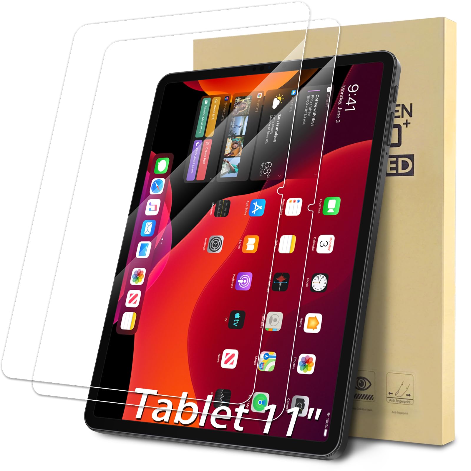 2er-Pack Displayschutzfolie kompatibel mit FEONAL 2026 2025 Tablet 11 Zoll Android 15 Tablet, gehärtetes Glas, klare Folie, kratzfest, 9H Härte, einfache Installation