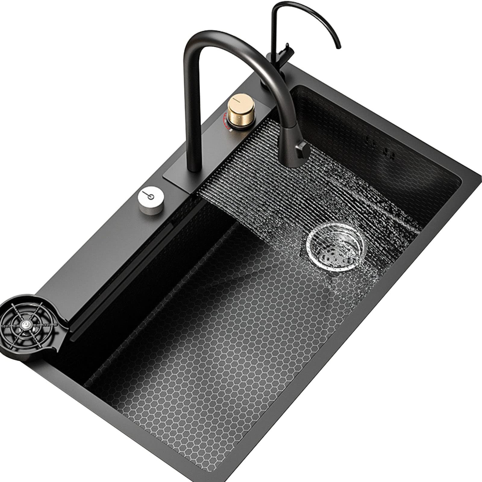 SDdPulse Kitchen Sink Flying Rain Waterfall Sink Pull-Out Faucet Stainless Steel Sink Knob Water Control Cup Washer,Black-68 * 45 * 21cm