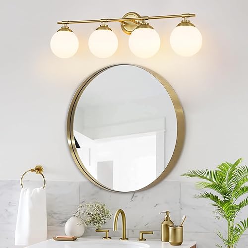Miniatura 6 de Lámparas de baño de 32 pulgadas, 4 luces ETL doradas, luces de tocador de baño sobre espejo con pantalla de vidrio de leche, iluminación de aplique