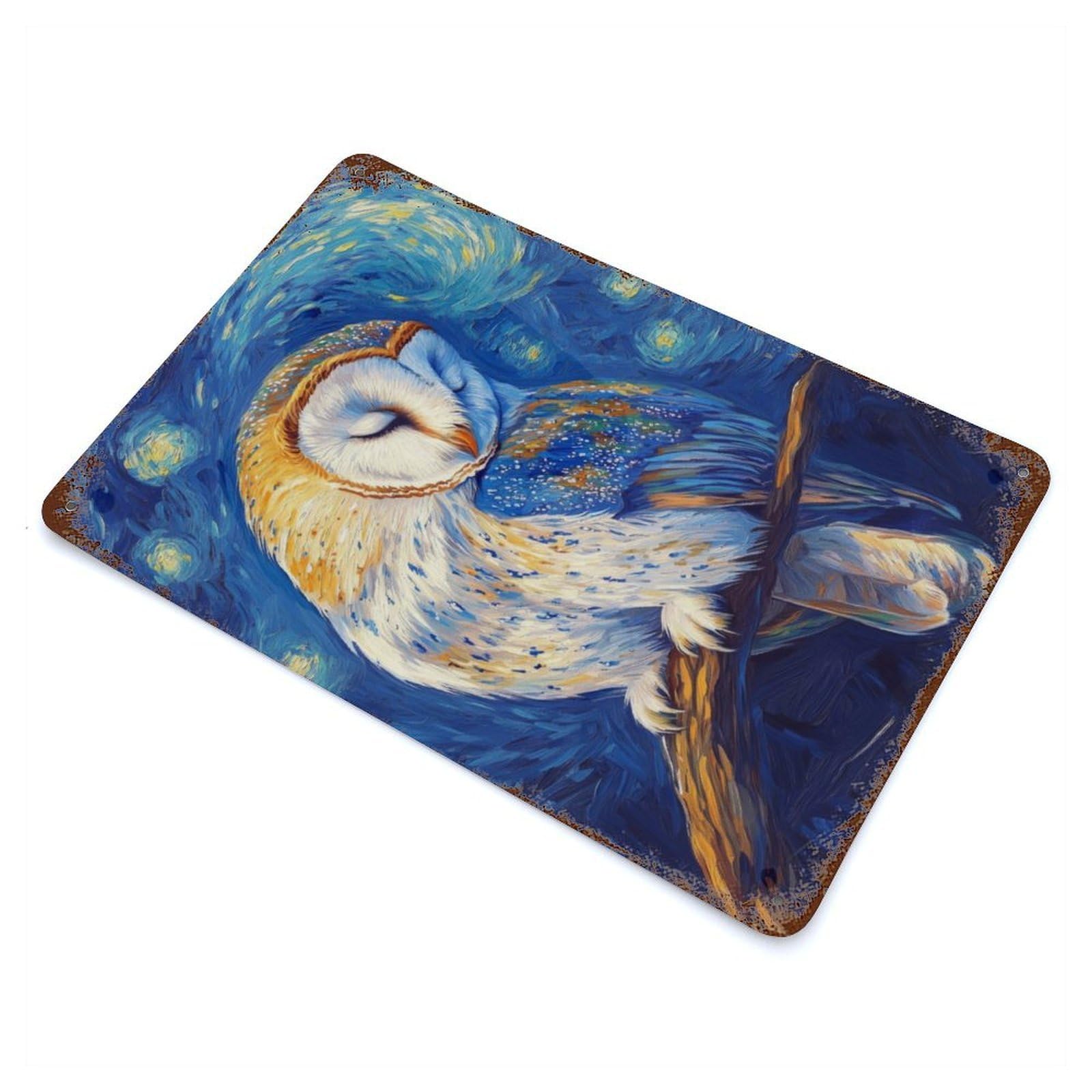 Rust Effect Owl in Starry Night Rusty Metal Tin Sign 11.8"x7.9", Old School Wall Decor for Basement, Hobby Room And Garage Decor