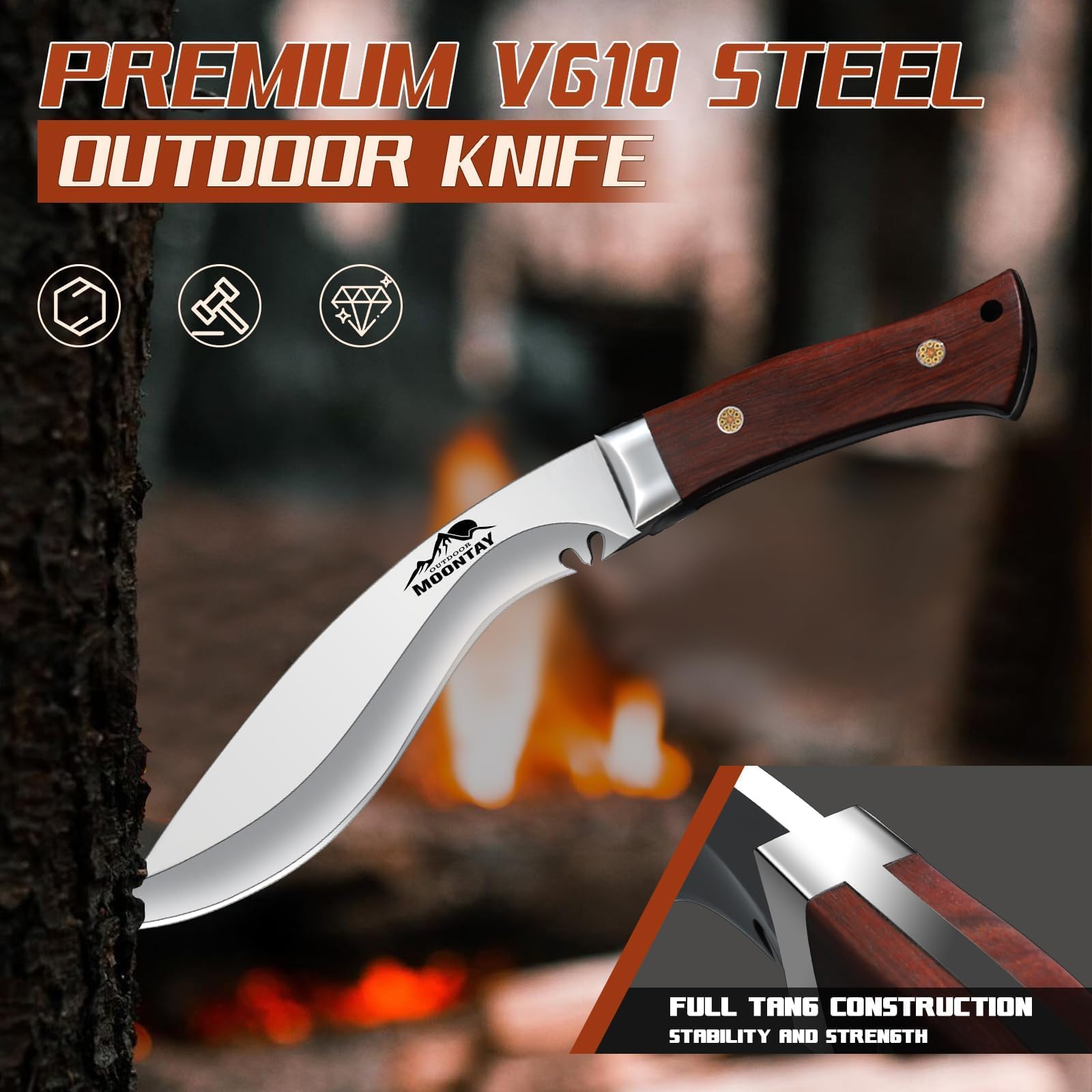 Moontay Fixed Blade Kukri Knife - VG10 Steel Hunting Knife with Sheath, Full Tang Survival Knives with Wood Handle for Bushcraft Camping Fishing Hiking BBQ, Christmas Gifts for Men and Women