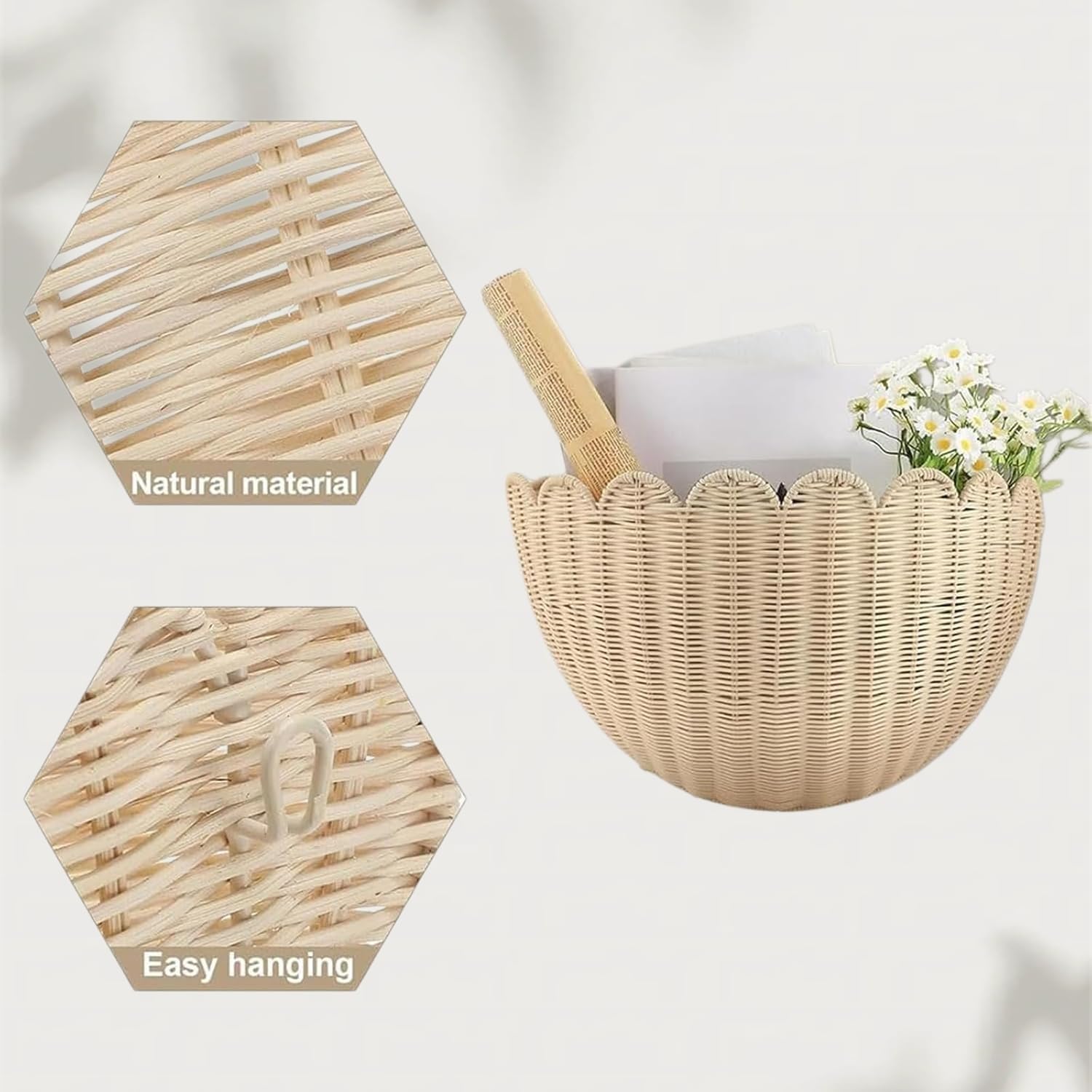 Cesta de mimbre para pared, almacenamiento festoneado rústico para frutas, verduras, plantas, artículos de tocador, decoración ideal para cocina, baño, sala de estar, guardería, 14 x 6 x 8 pulgadas