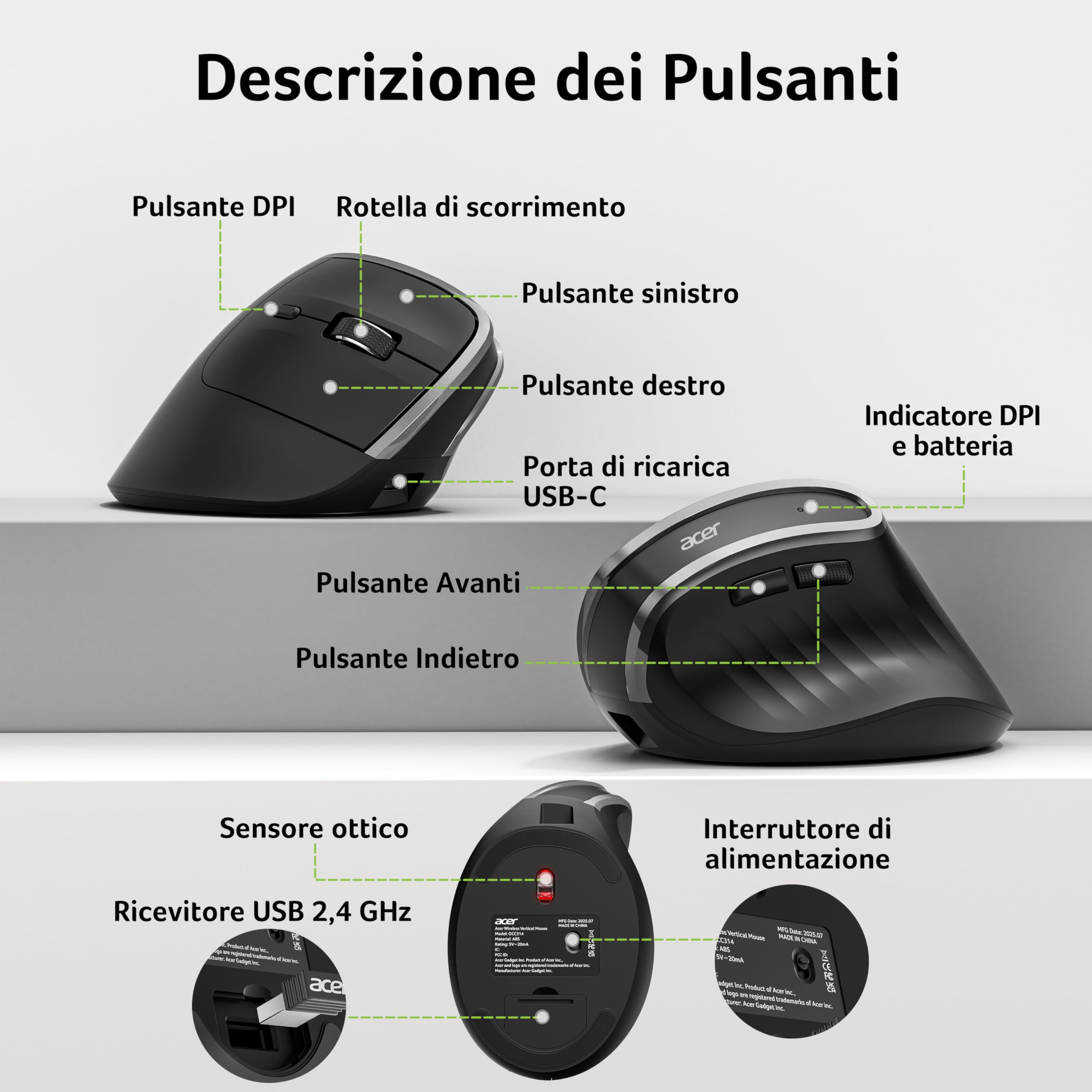 Acer Mouse Wireless Ergonomico, 2,4 GHz Mouse Verticale Senza Fili, USB C Ricaricabile, 3 DPI regolabili 1600, 6 pulsanti, Ricevitore USB per laptop, PC, iMac, desktop, ecc.