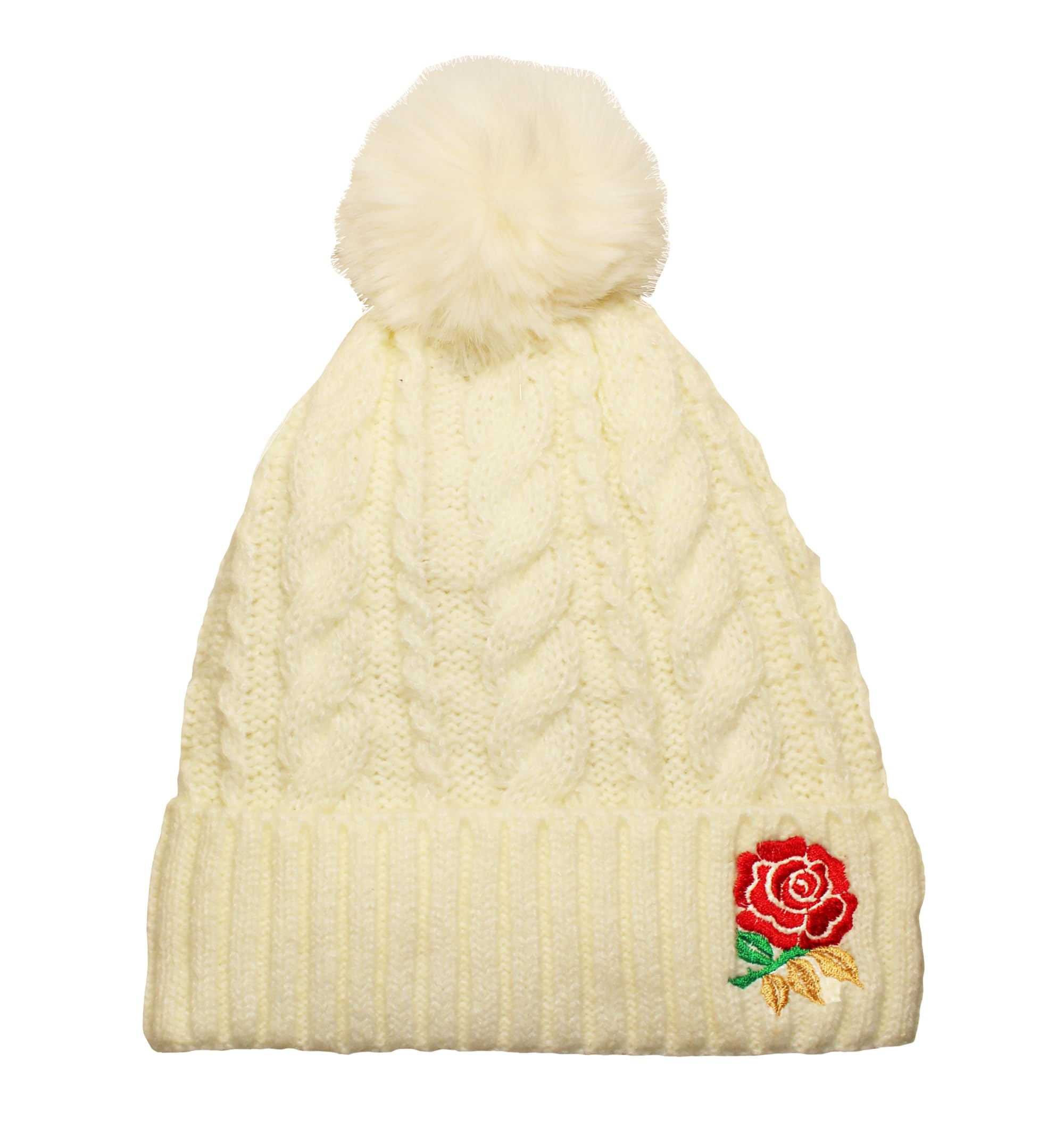 TeddyT's Women's England Rose Embroidered Luxury Fleece Lined Bobble Hat (Cream)