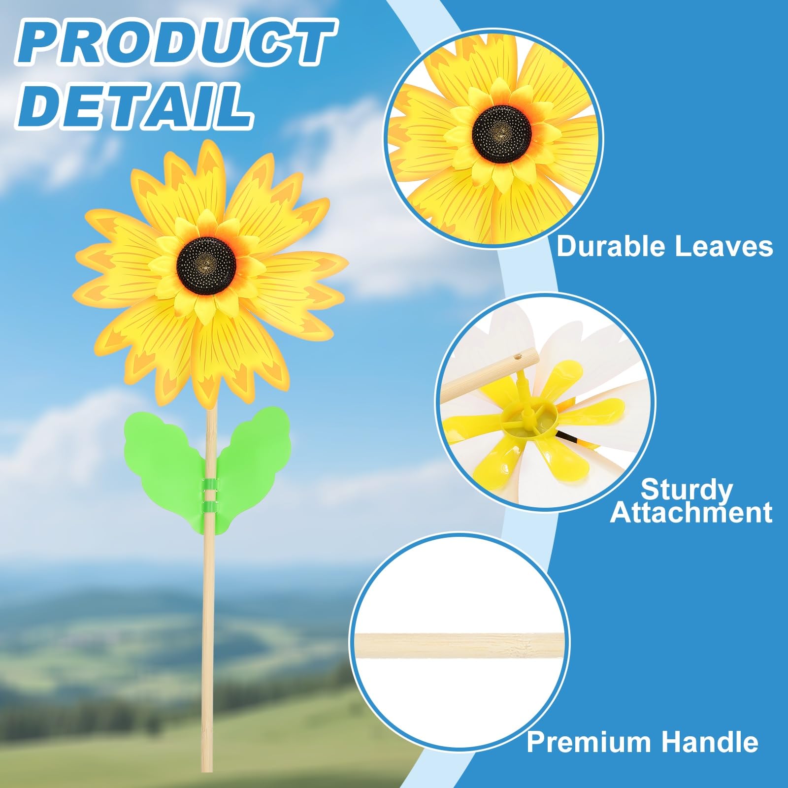 QUARKZMAN Molinillos De Viento 14.2" Giratorio De Viento Color Puro Girasol | Molinillos Deino6Hjas Molino DeinoD adera Con Palos De Madera De Girasol Para Jardín Patio Césped Favoritos D.