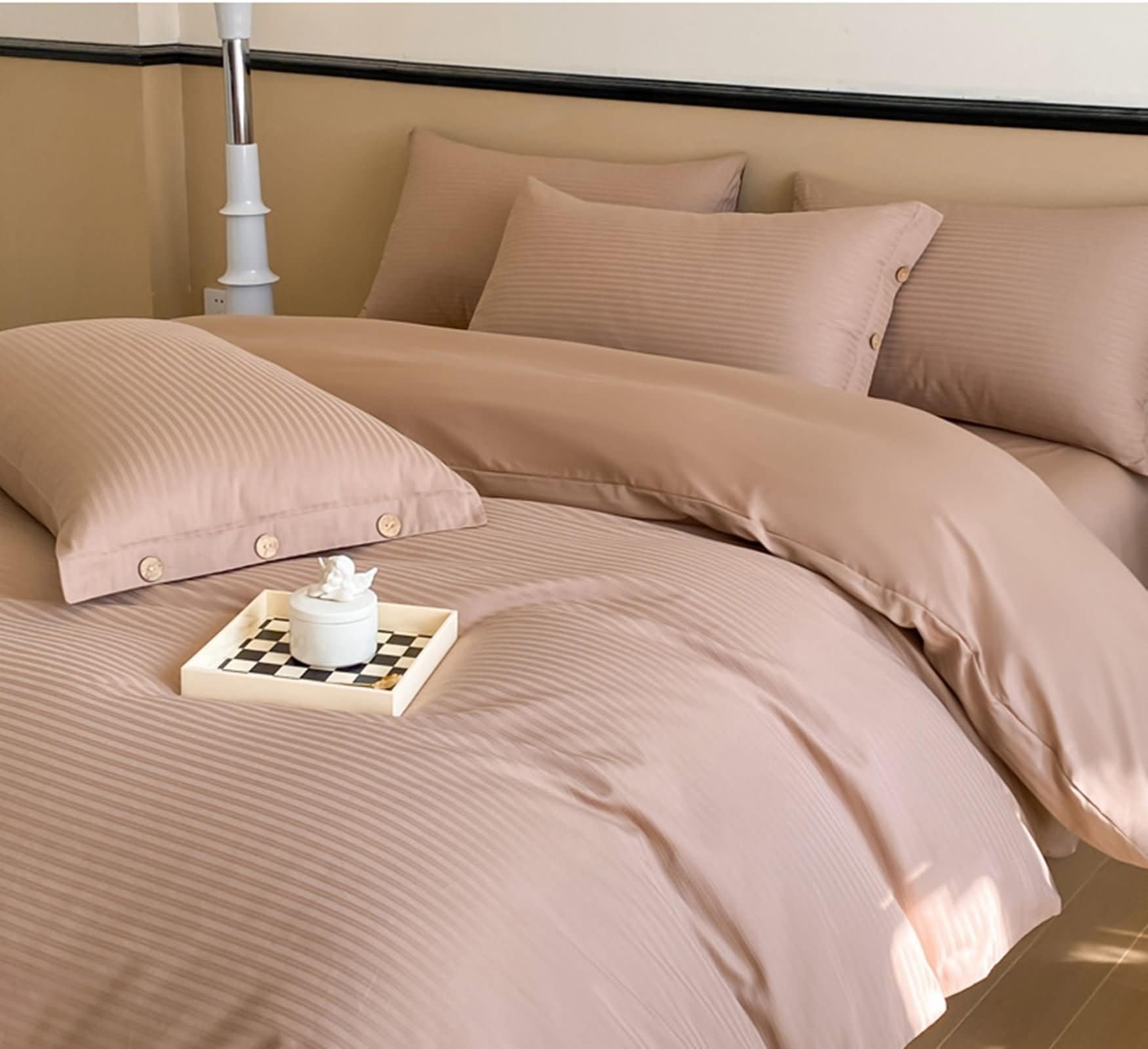 Zestaw pościeli 4 sztuki na łóżko 180, poszwa na kołdrę 200x230cm, regulowana prześcieradło z gumką 180x200cm i 2 poszewki na poduszki, wzór w paski, miękka bawełna, kawa