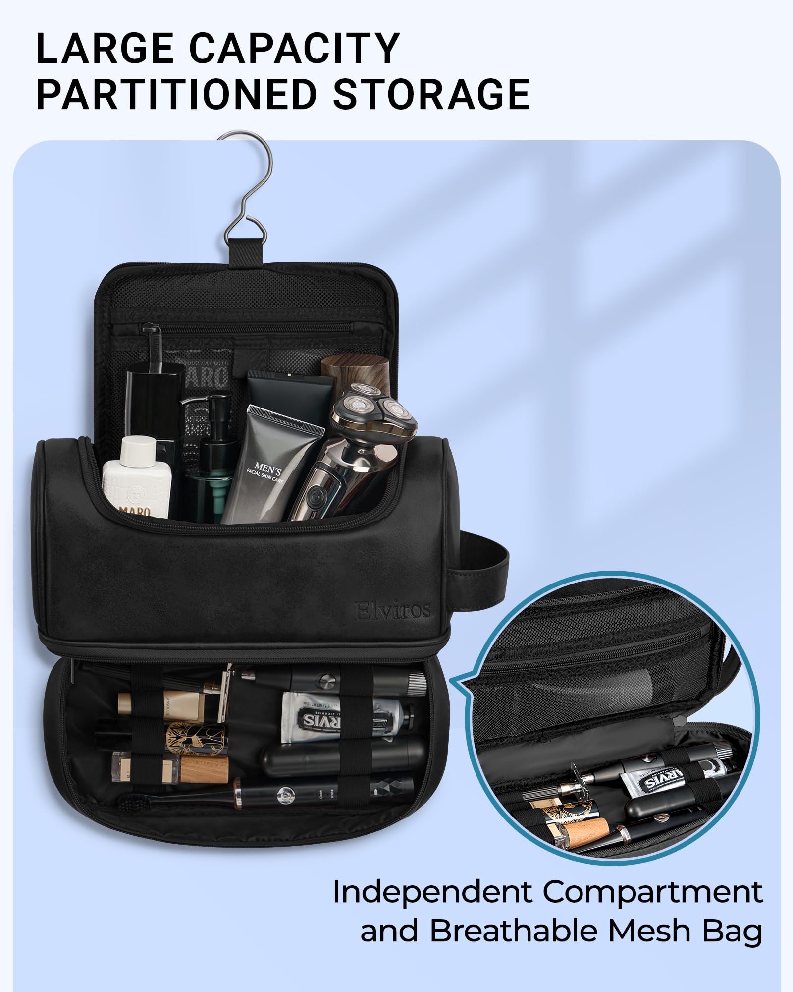 Elviros Beauty case, organizer da viaggio da uomo in pelle con gancio per appenderlo, grande borsa da toilette resistente all'acqua da bagno da donna, nero, Extra Large, Beauty case grande