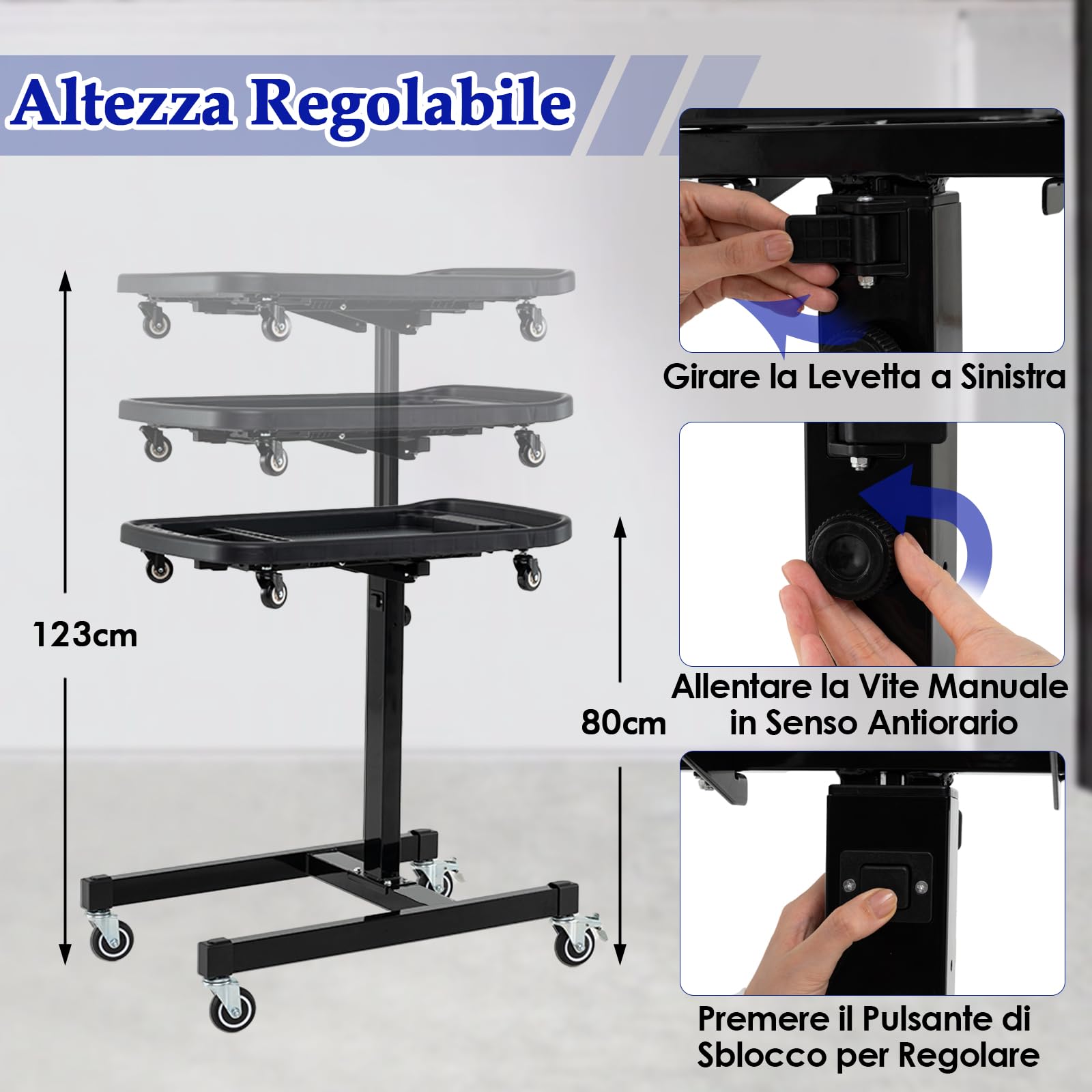 GYMAX Vassoio Portautensili Rotante, Tavolo da Lavoro 2 in 1 e Carrello Portautensili con Ruote, Vassoi Magnetici per Parti, Carrello Portautensili con Altezza Regolabile, Stazione di Lavoro