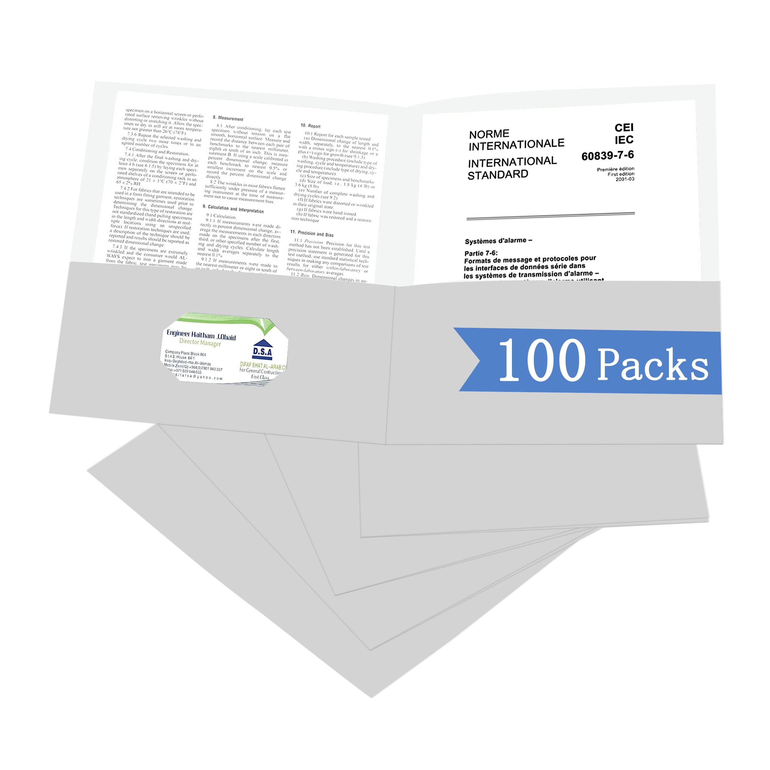 Zzrywuty 100 Packs Two Pocket File Folders with Business Card Slot,Textured Paper,Letter Size,Holds 100 Sheets for School,Office,Business,White