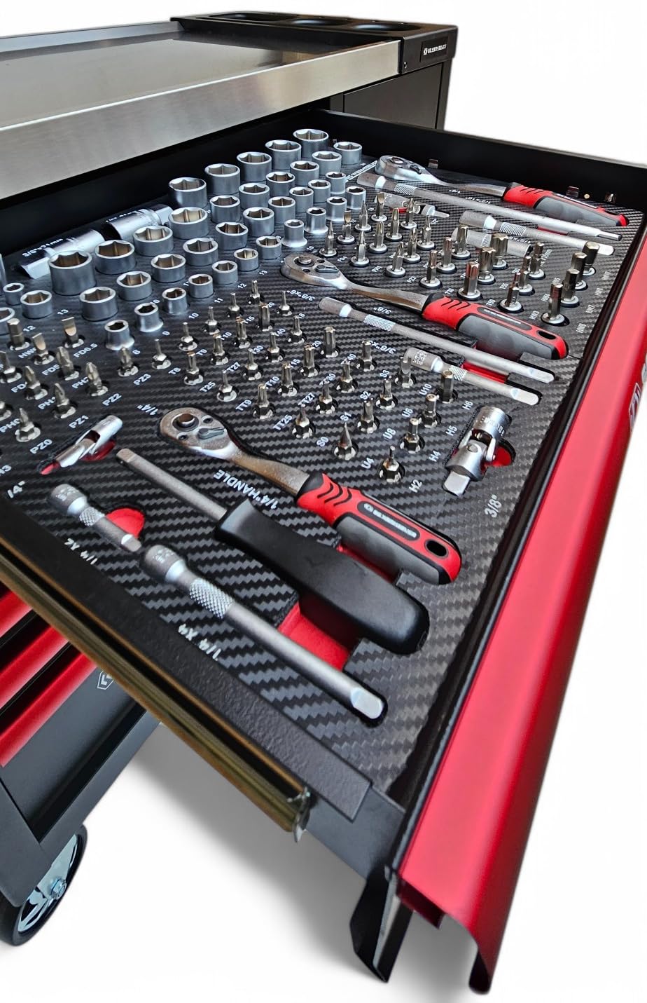 Chariot à outils XXL rempli de 7 tiroirs | Servante d'atelier de voiture avec insert aspect carbone | Boîte à outils de voiture équipée Red Black Edition