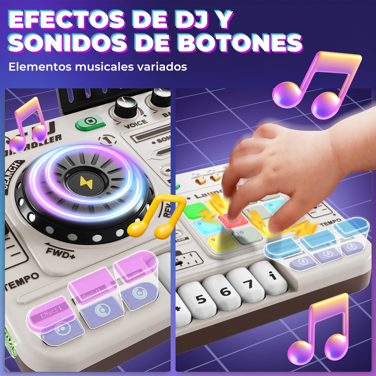 Mesa de mezclas DJ para niños de 3 a 12 años con micrófono DJ Mixer, controlador de mezclas DJ con 100+ efectos de sonido, juguete musical con recargable, regalo ideal para niñas y niños principiantes