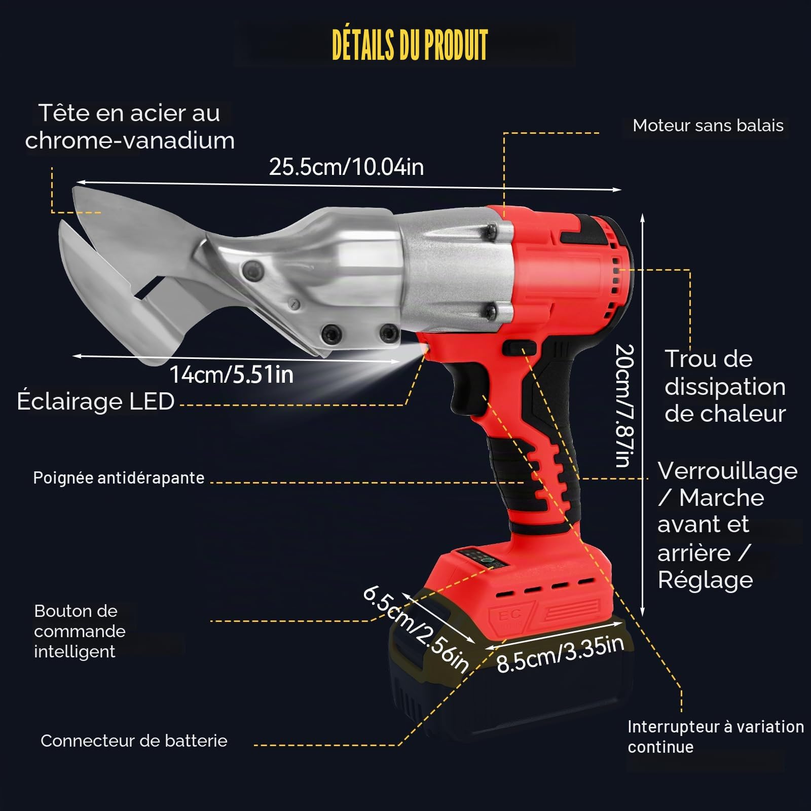 Cisailles électriques sans fil pour batterie Milwaukee 18V, cisaille à tôle sans balais de 300N.m, épaisseur de cisaillement max. 2mm pour tôle, moquette, cuir, métal