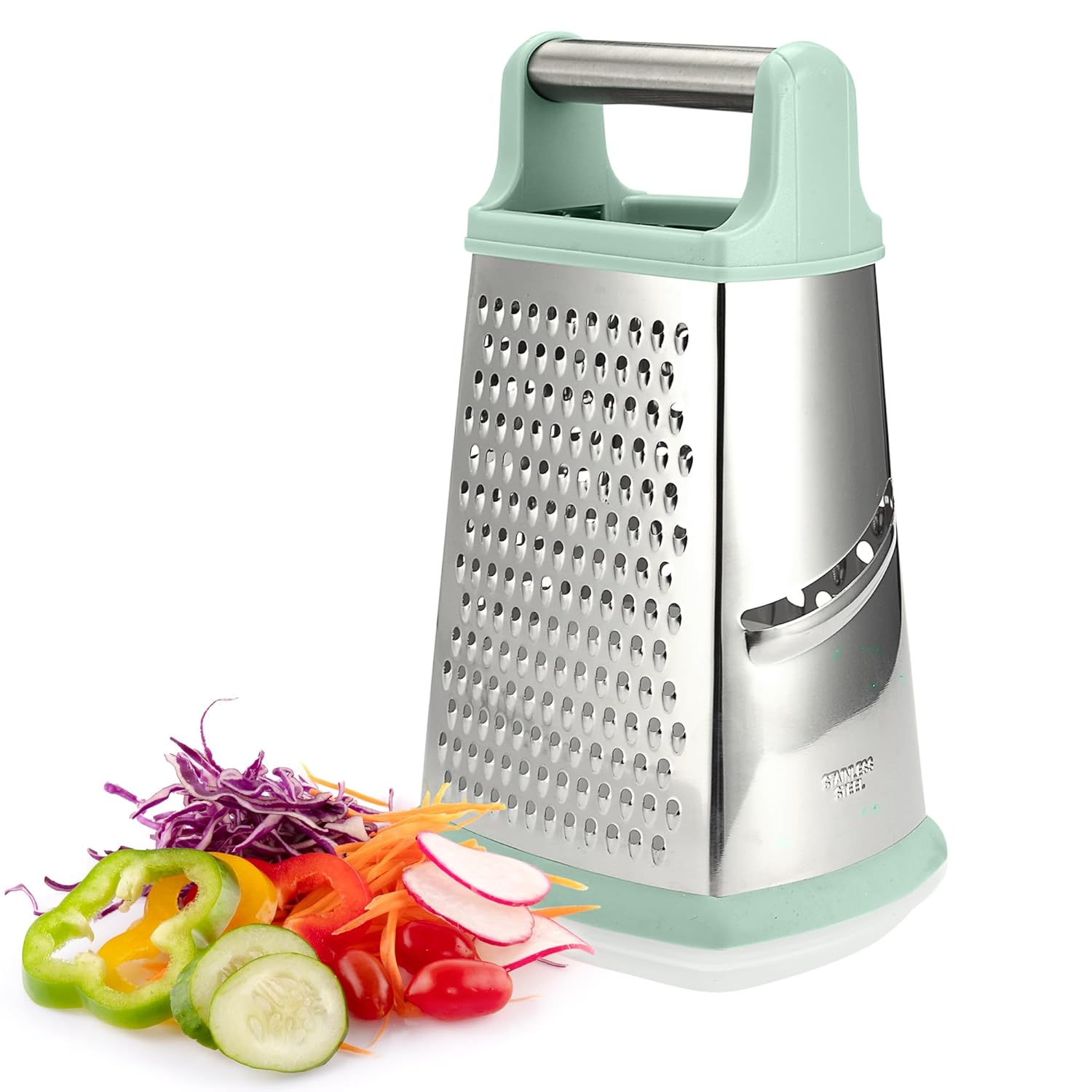 Stainless Steel Cheese Grater - Steel Metal Box Grater for Kitchen with Comfortable Handle - Food Processor and