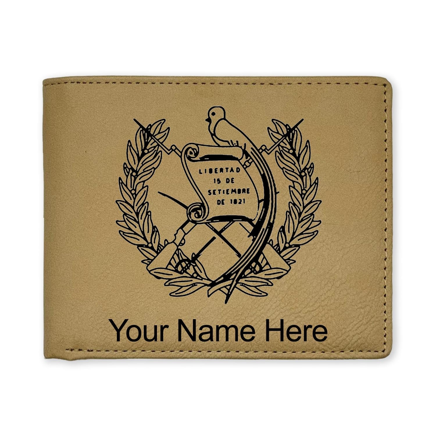 LaserGram Faux Leather Bi-Fold Wallet, Flag of Guatemala, Personalized Engraving Included (Beige)