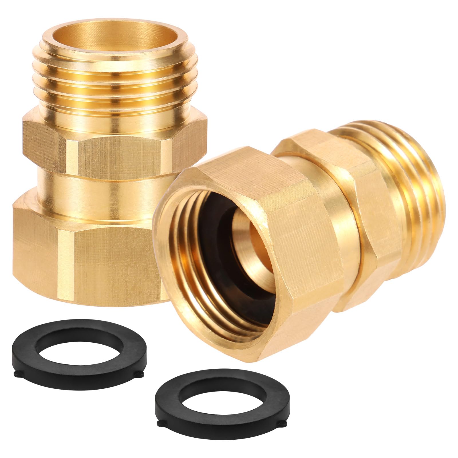 Lulobtg Men's Golden 2 Pcs Garden Hose Swivel Connector 3/4" Ght Brass Hose Fittings 360 Degree Swivel To Fe Hoses Adapter With 2 Washers No-Leak Design For Outdoor Faucet