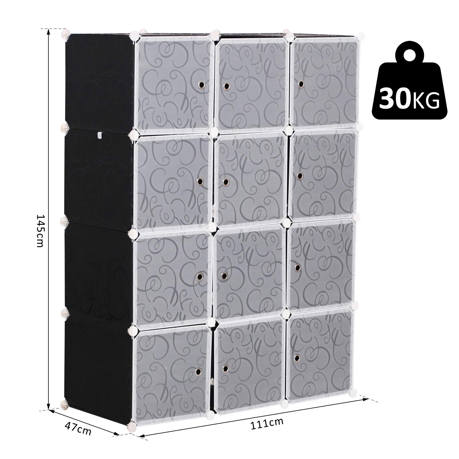 HOMCOM Armadio Scarpiera Salvaspazio, Scarpiera da Ingresso in Plastica, Armadio Modulare per Salotto e Ingressi, Scaffale Portascarpe, Multiuso 111x47x145cm, Bianco e Nero